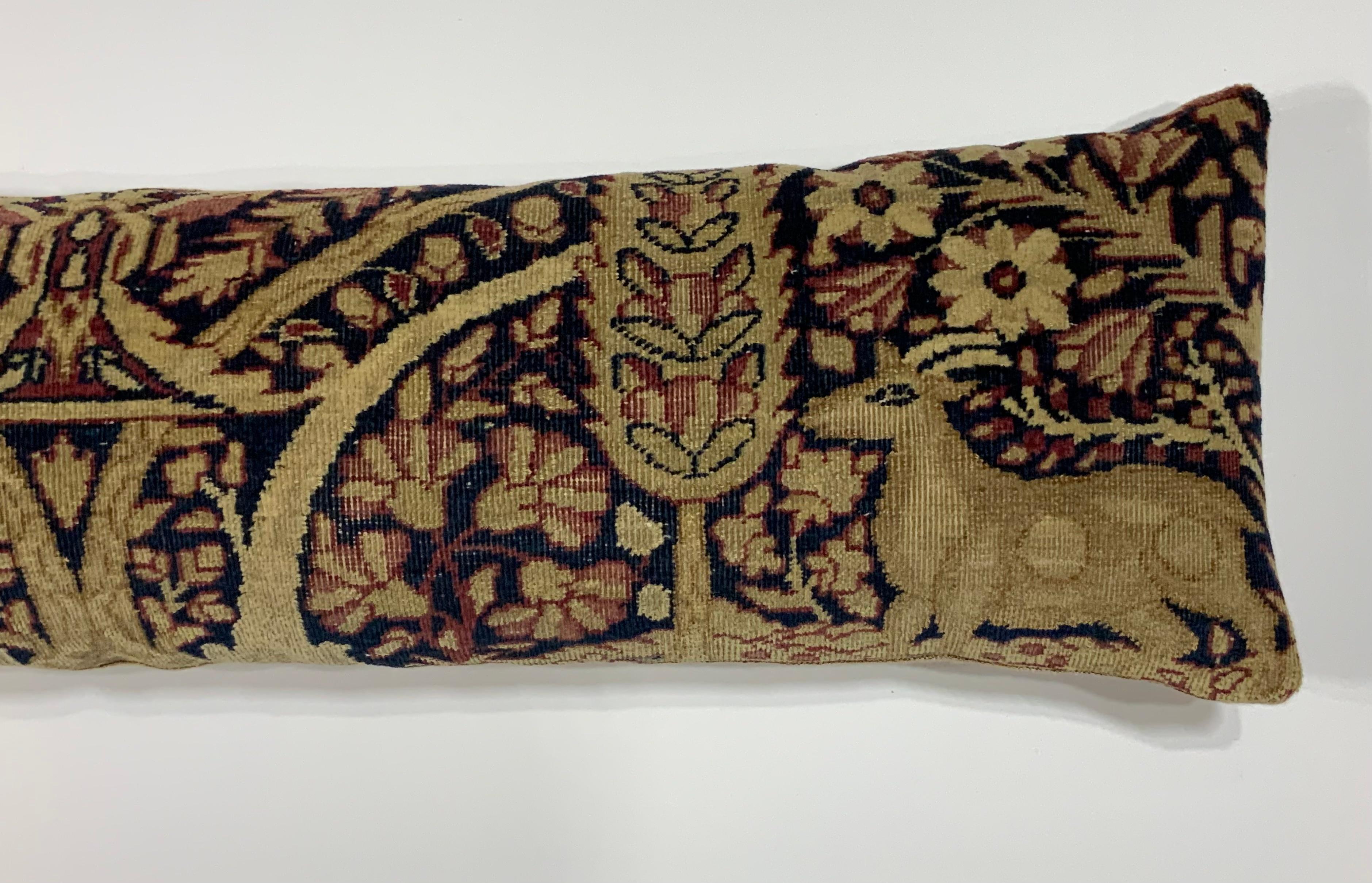 Beautiful pillow made of hand woven 19th century antique Lavar Carmon rug fragment, of two rams surrounded with vines and flowers. Fine fresh insert, quality linen backing.
Fragment is hand wash before become pillow.
Great addition to any room