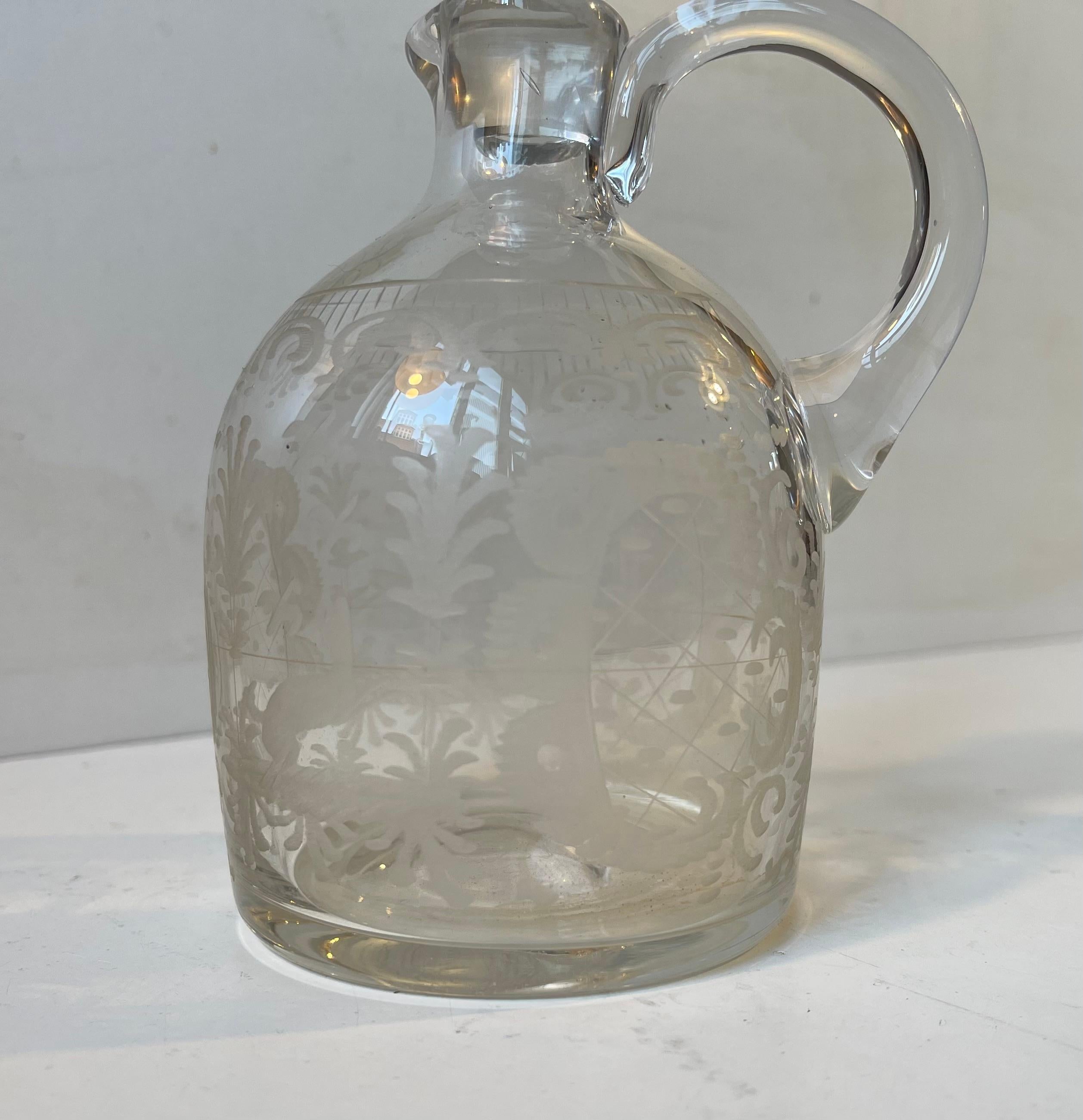 Late Victorian Small Antique Holmegaard Decanter in Etched Glass, 1900s For Sale