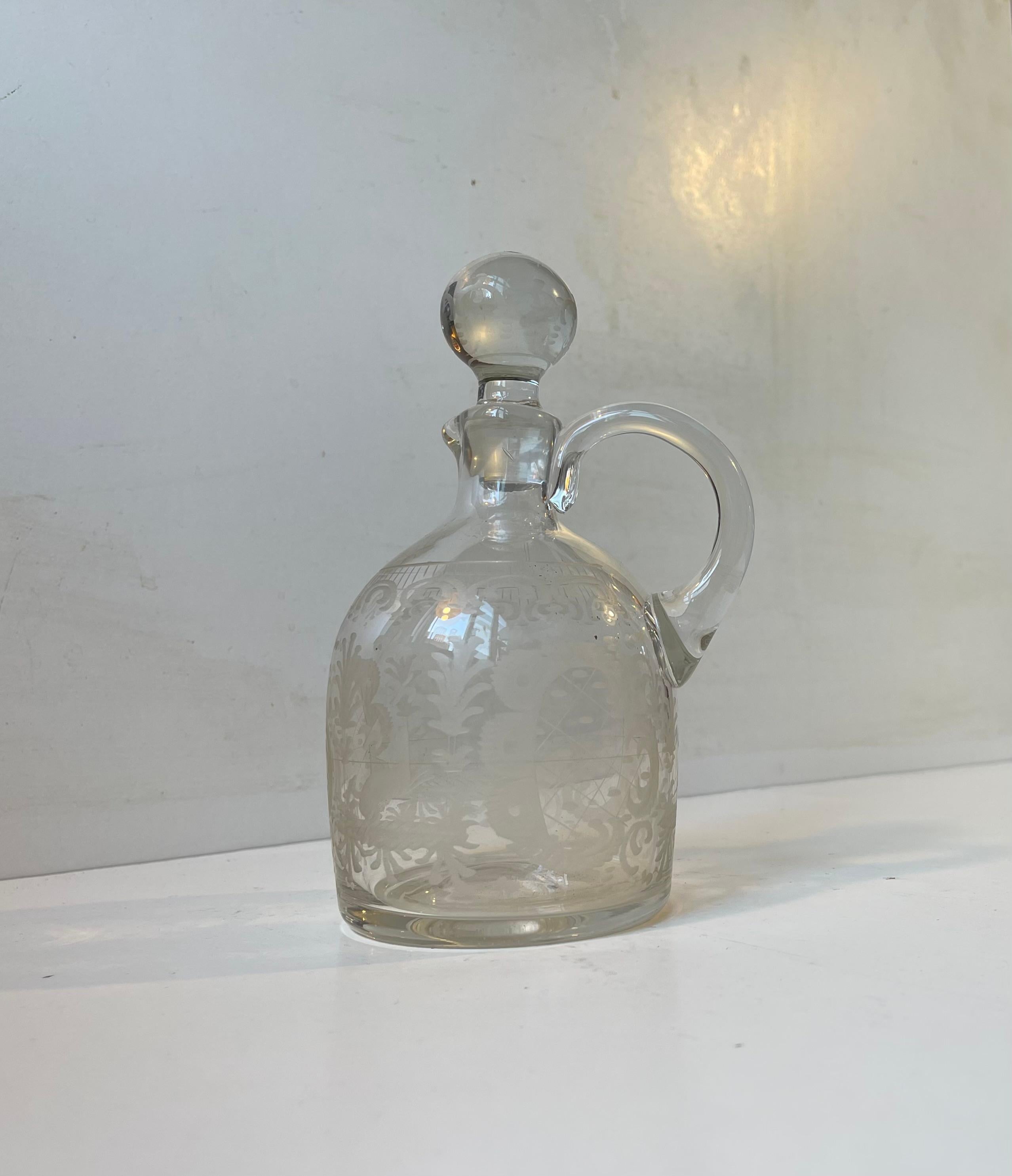 Blown Glass Small Antique Holmegaard Decanter in Etched Glass, 1900s For Sale