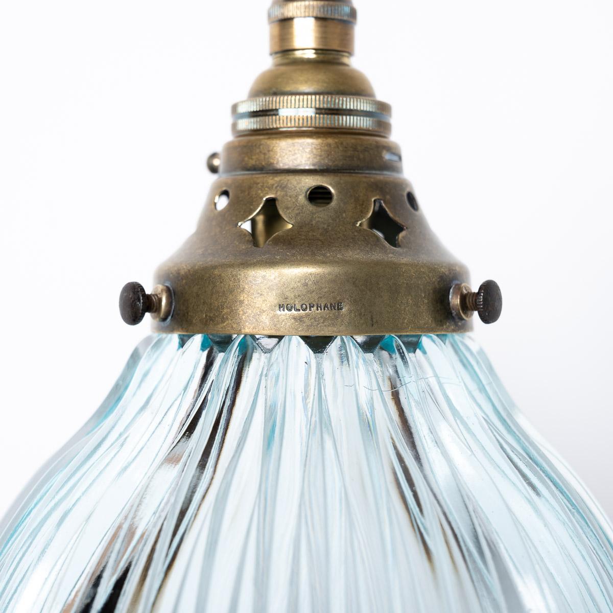 English Small Antique Holophane Blue Prismatic Glass Pendant Light For Sale