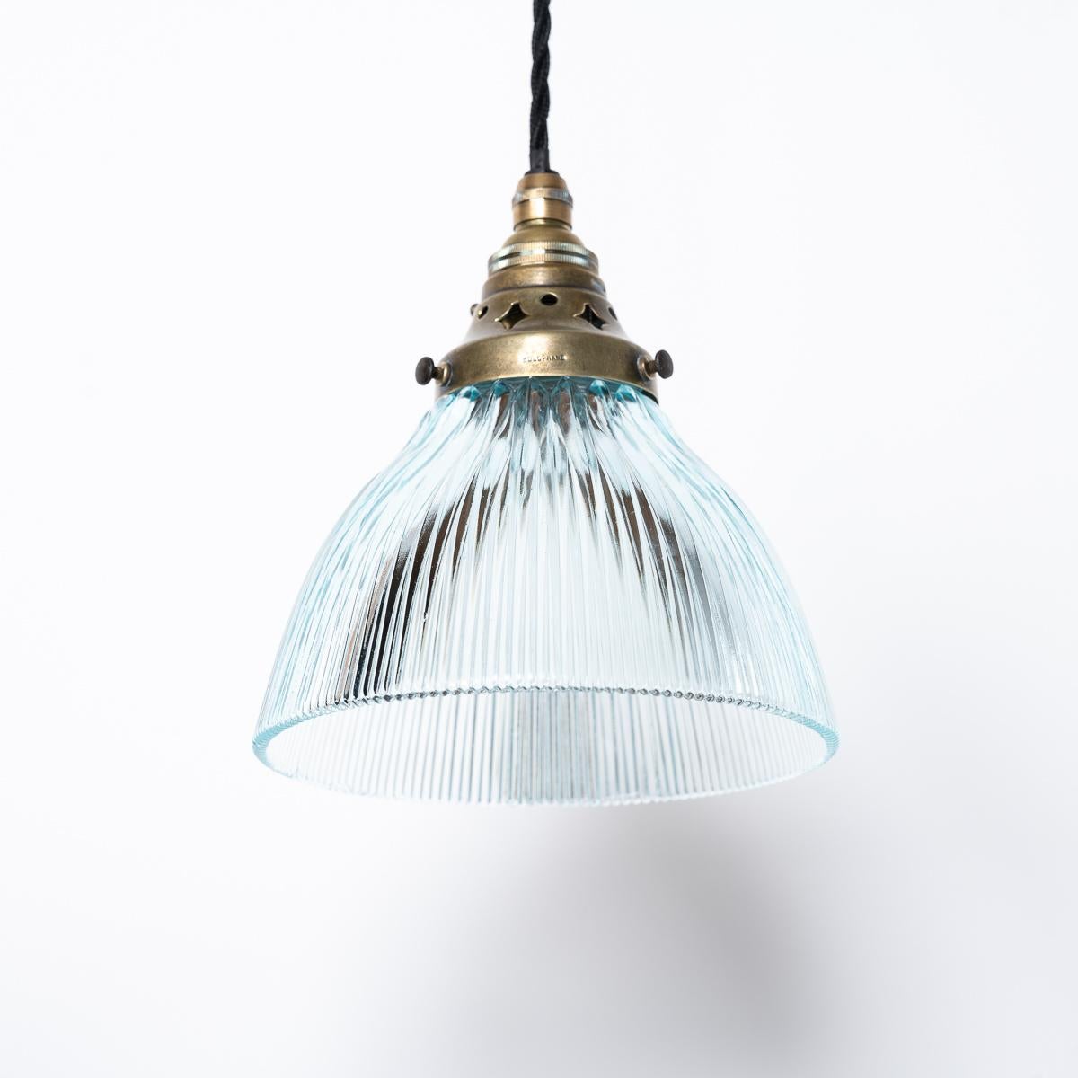 Small Antique Holophane Blue Prismatic Glass Pendant Light In Good Condition For Sale In Nottingham, GB