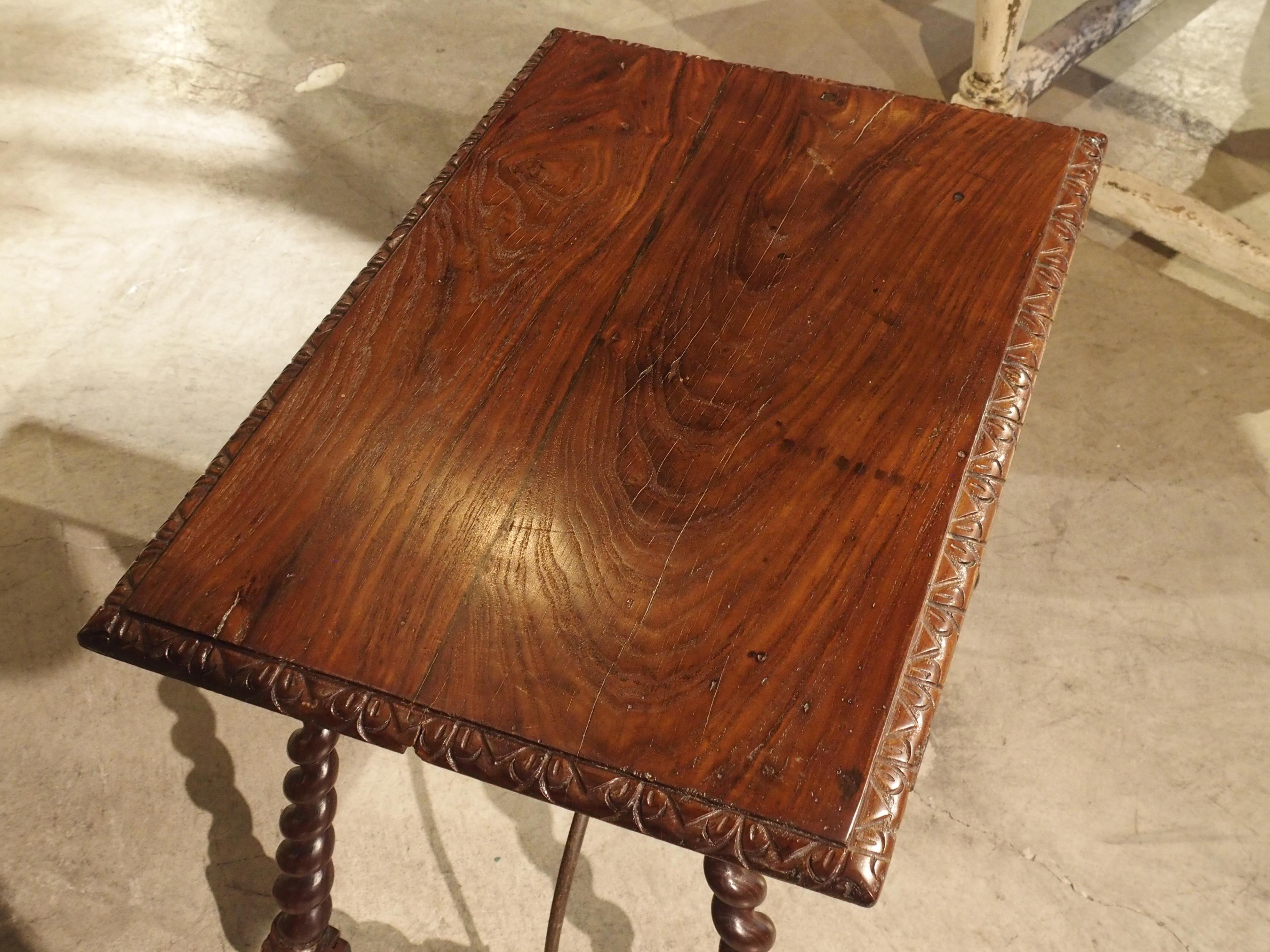 Hand-Carved Small Antique Iberian Oak Side Table, Early 20th Century