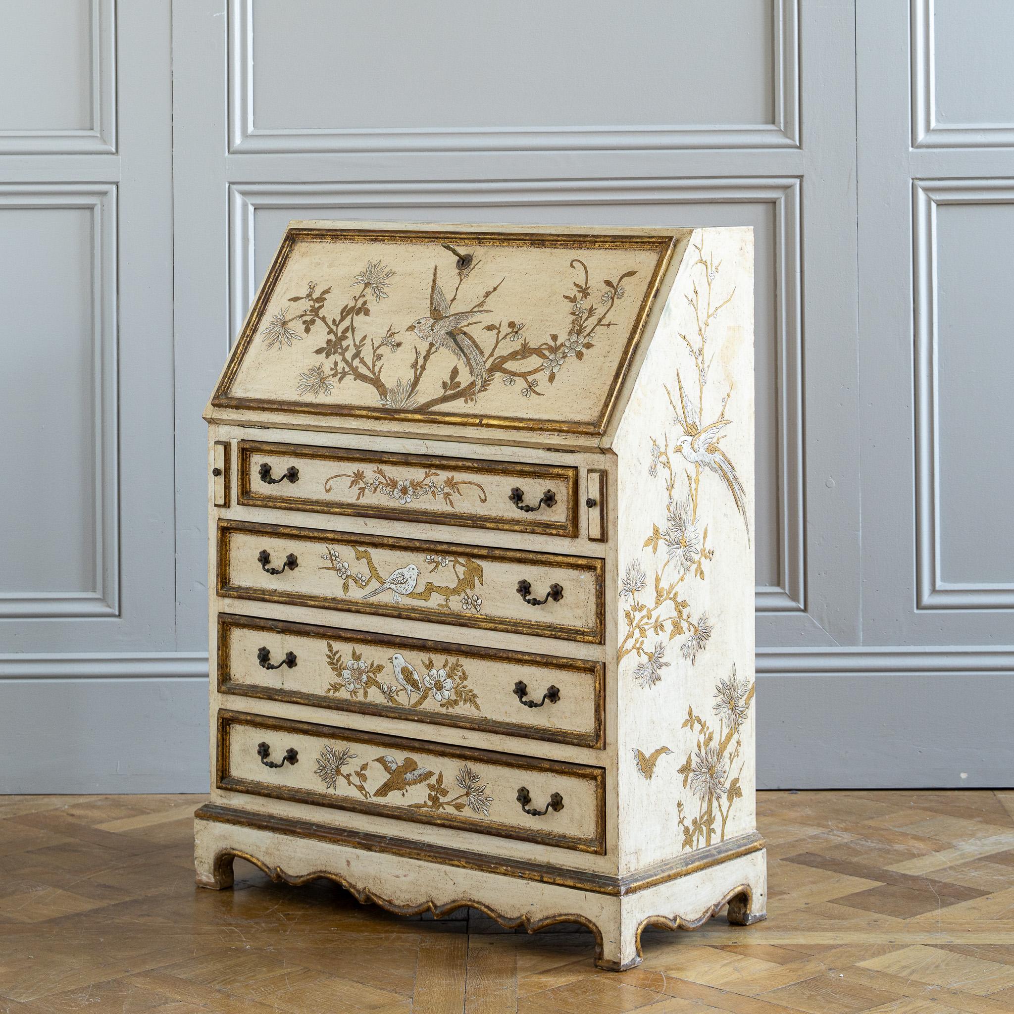 Petit bureau scriban italien ancien à façade tombante peint à la main en Chinoiserie vénitienne en vente 8