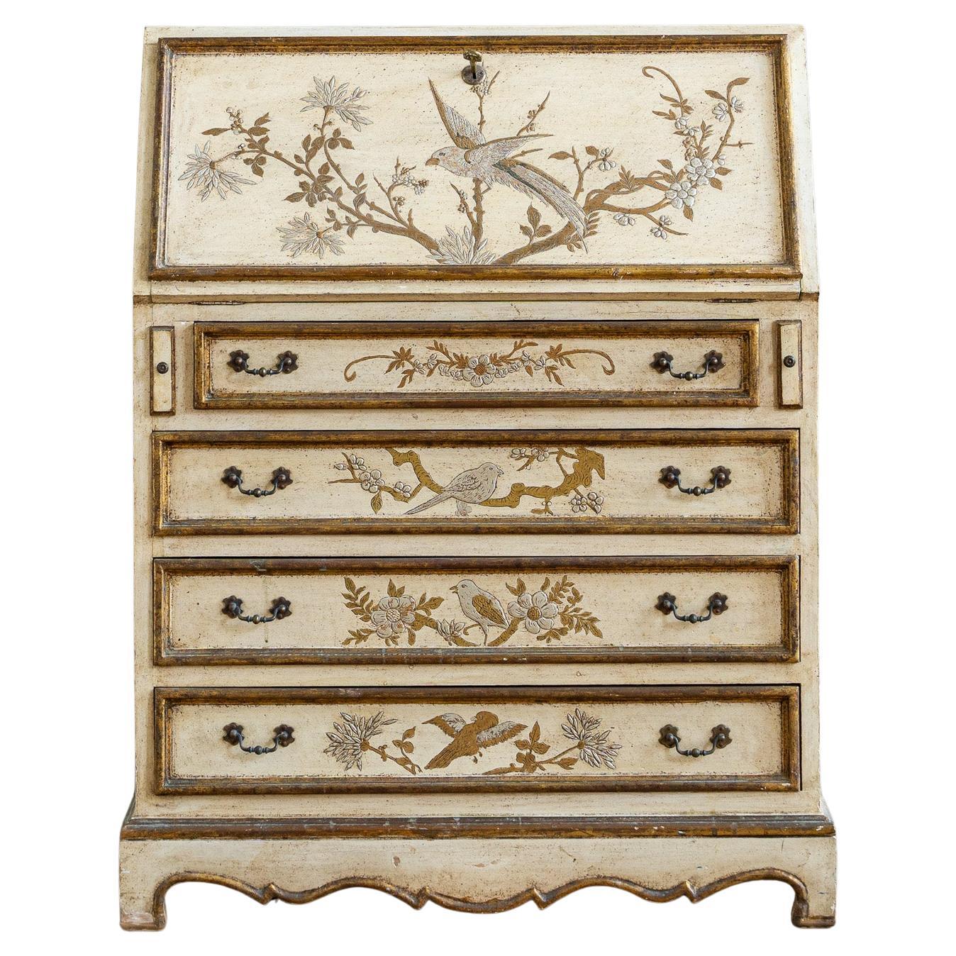 Small Antique Italian Drop-Front Scriban Desk Hand-Painted Venetian Chinoiserie