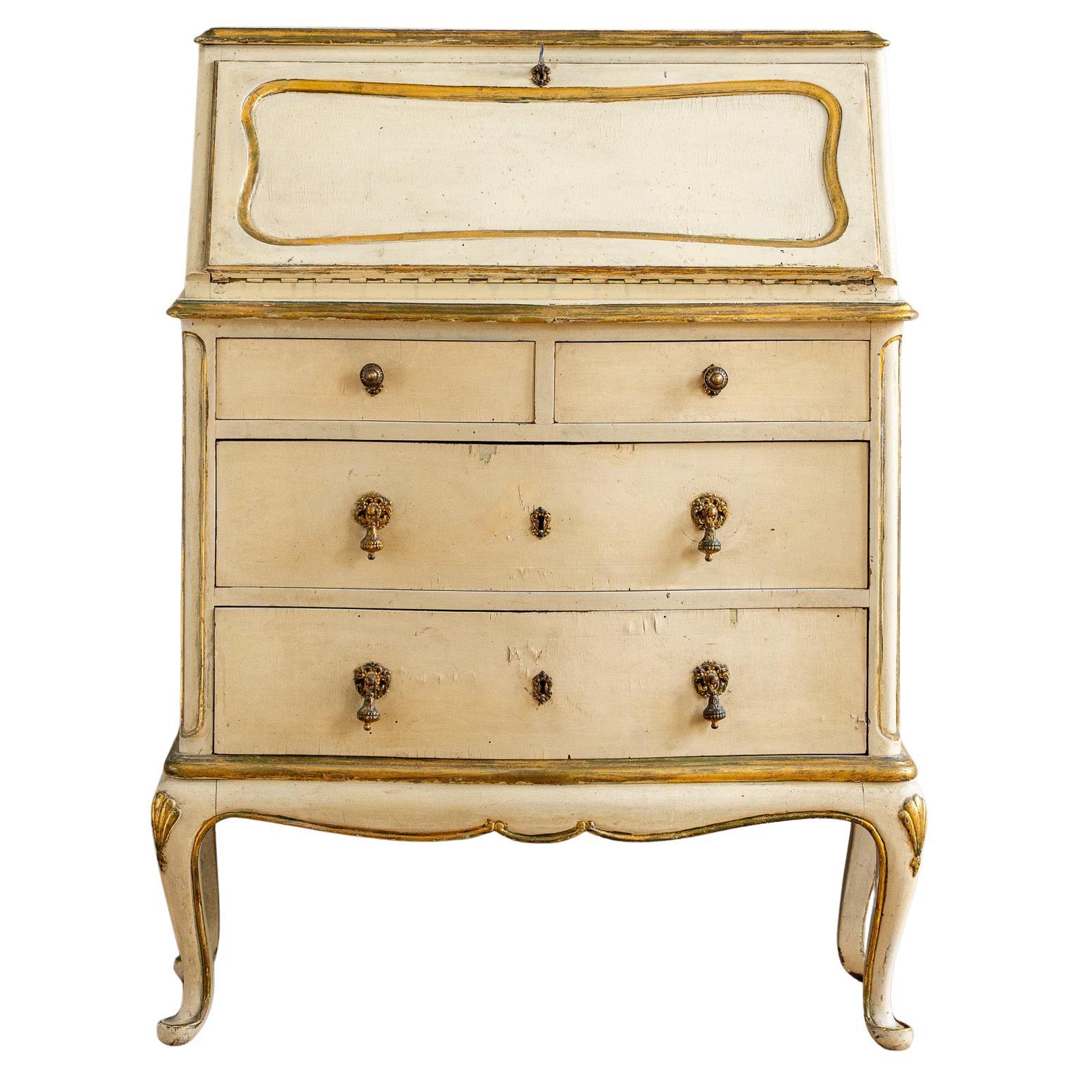 Small Antique Italian Drop-Front Scriban Desk In Original Paint And Gilt Accents