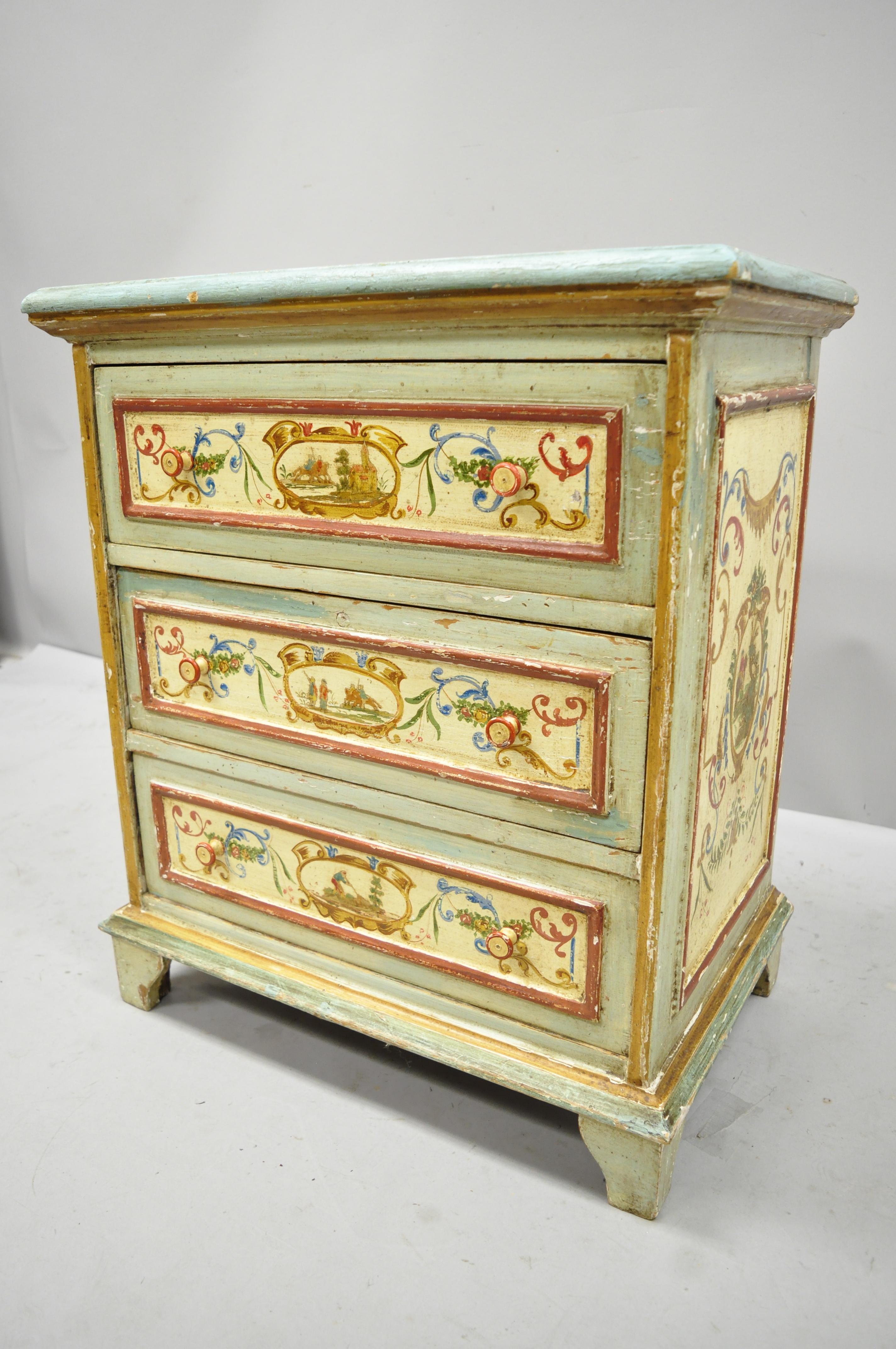 Small Antique Italian Venetian Blue Painted 3-Drawer Commode Chest of Drawers 3