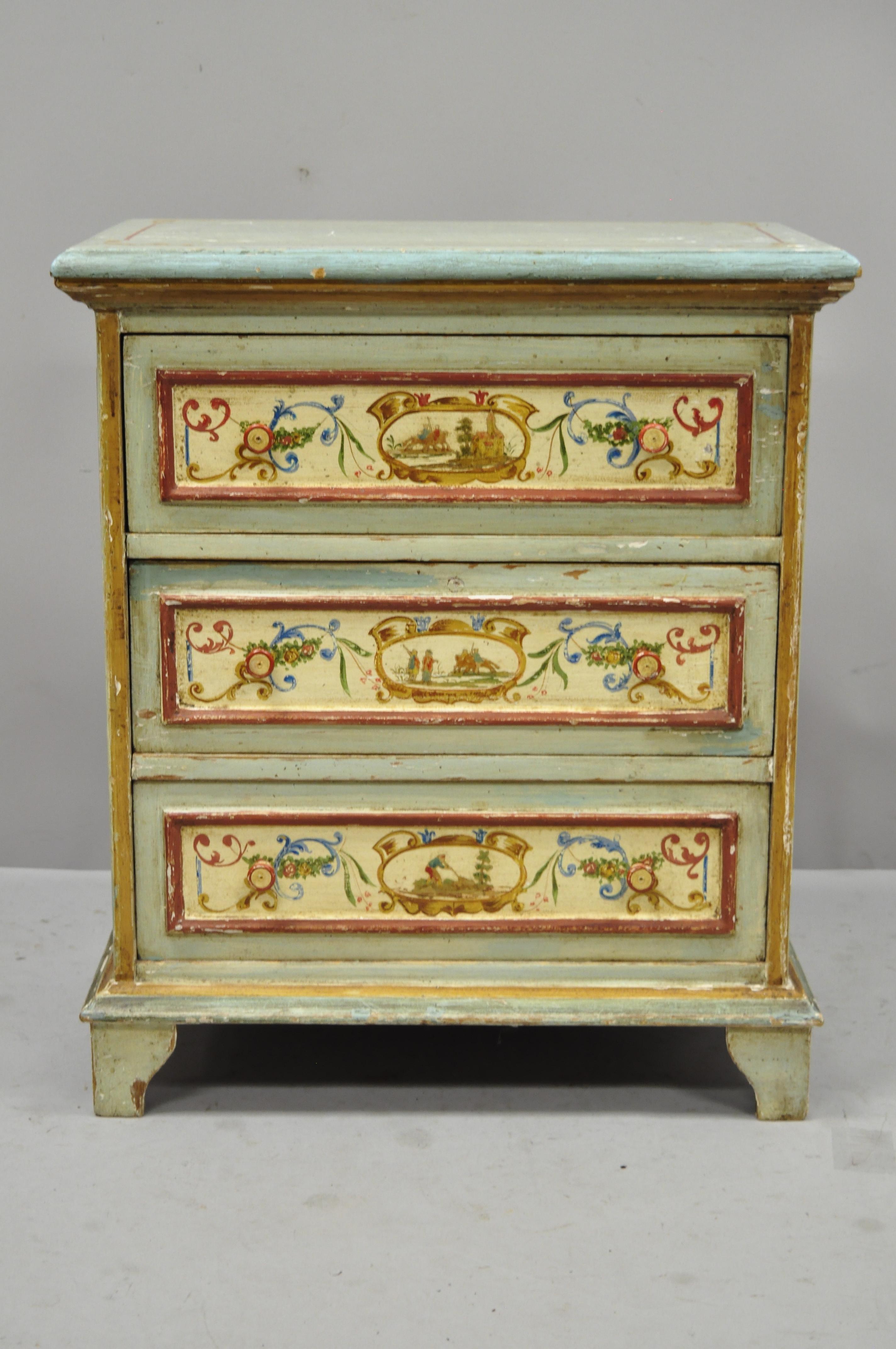 Small antique Italian Venetian blue hand painted 3-drawer commode chest of drawers. Item features hand painted details, blue, red, and gold distress painted finish, solid wood construction, very nice antique item, circa early 20th century.