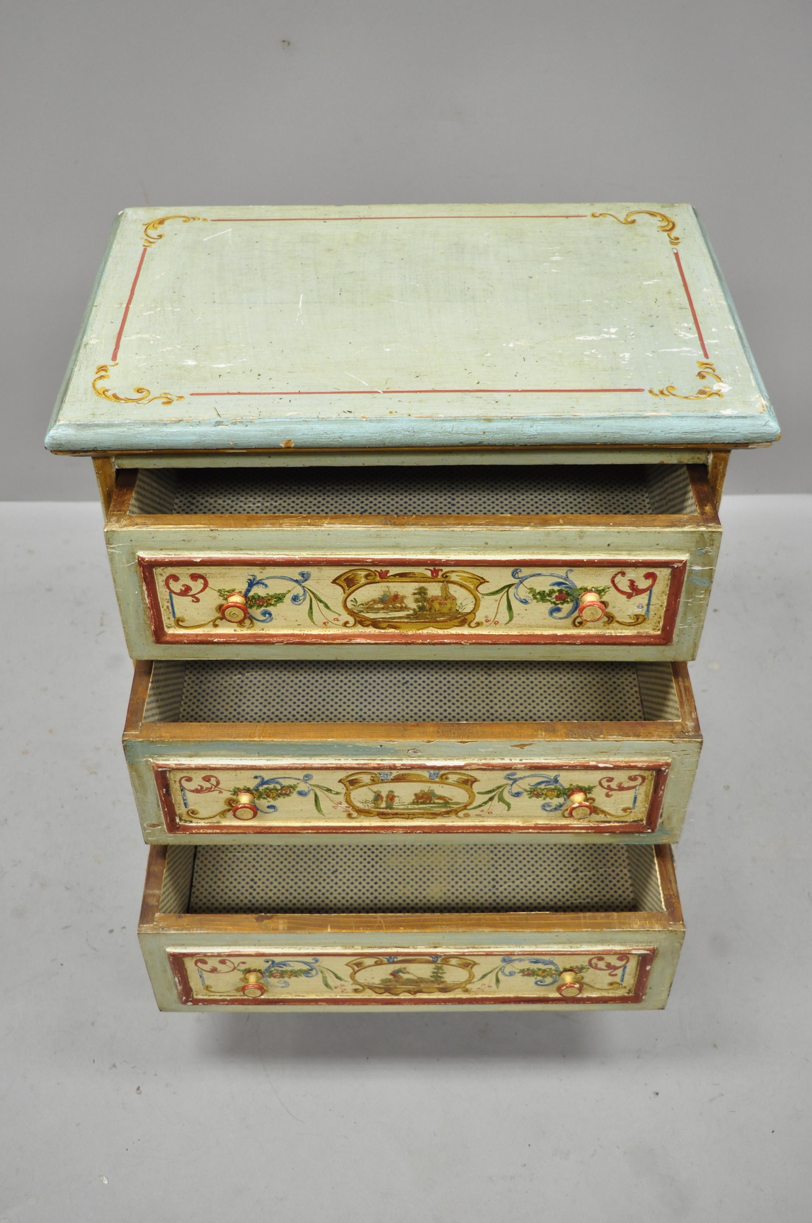French Provincial Small Antique Italian Venetian Blue Painted 3-Drawer Commode Chest of Drawers