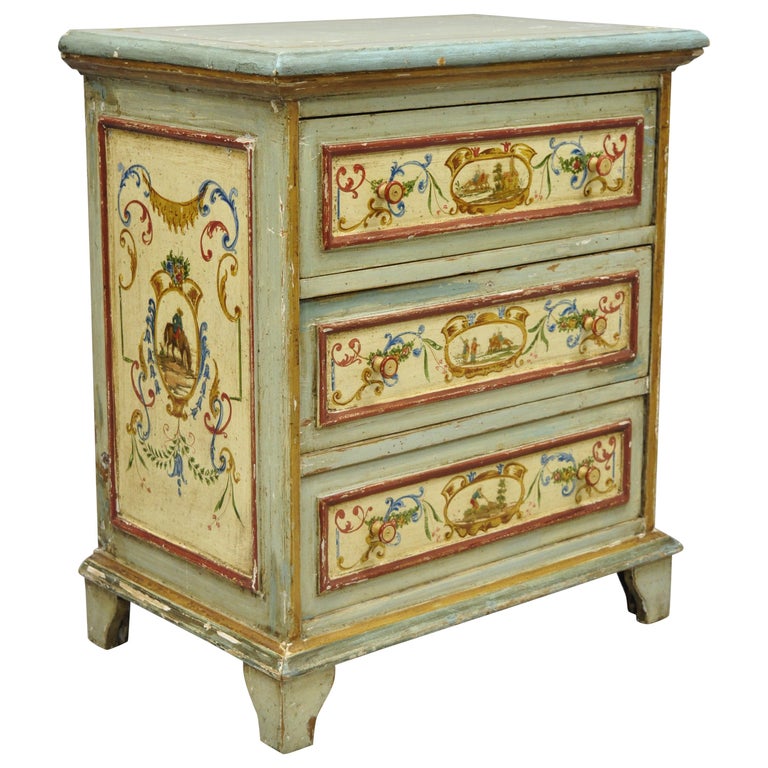 Small Antique Italian Venetian Blue Painted 3 Drawer Commode Chest