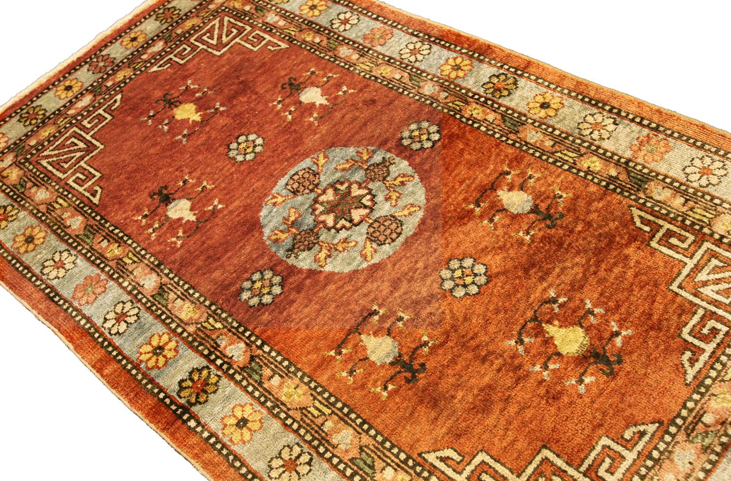 Hand-Knotted Khotan Rug Silk Rust Field, ca. 1920 For Sale