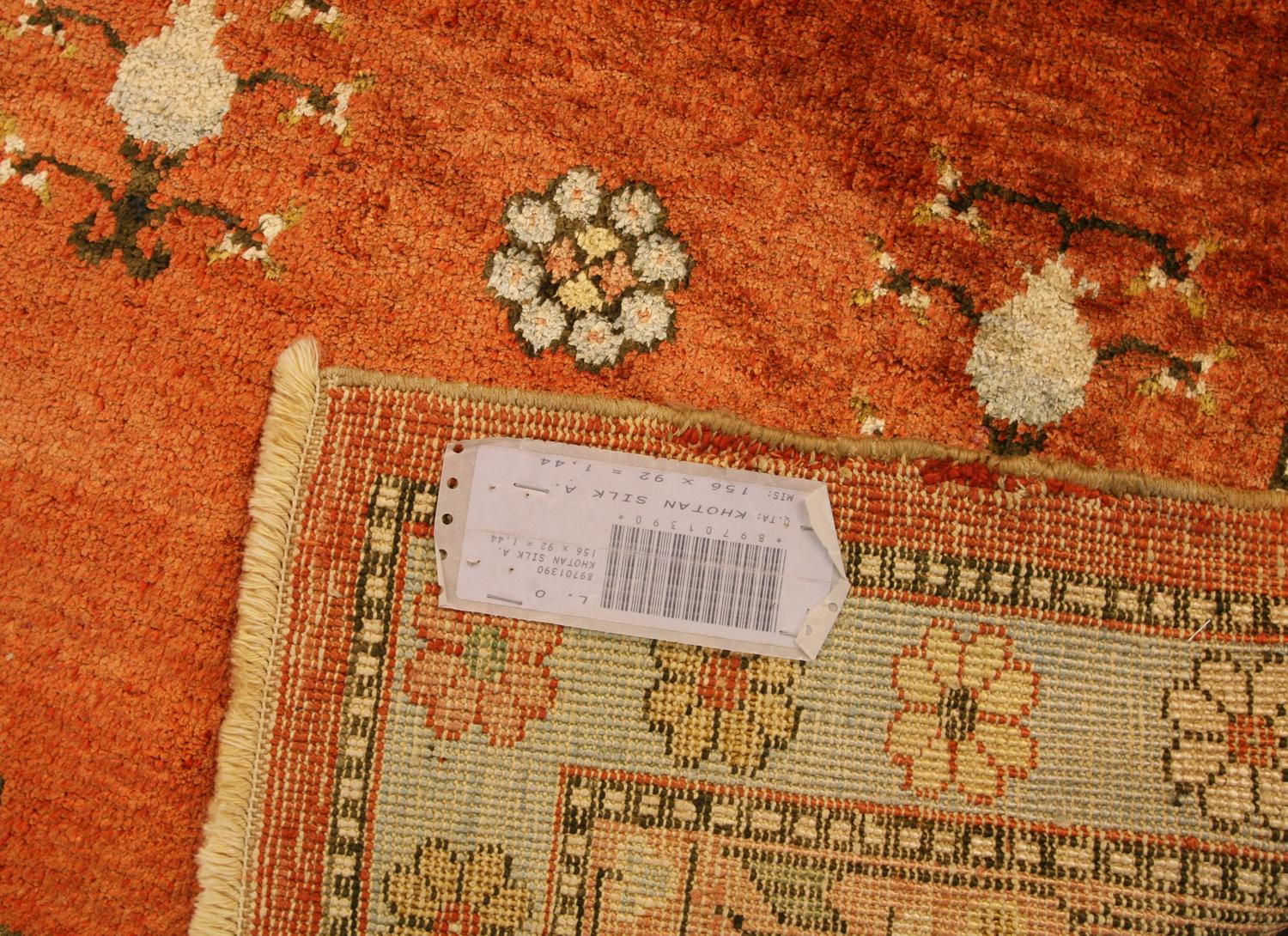 Khotan Rug Silk Rust Field, ca. 1920 In Good Condition For Sale In Ferrara, IT