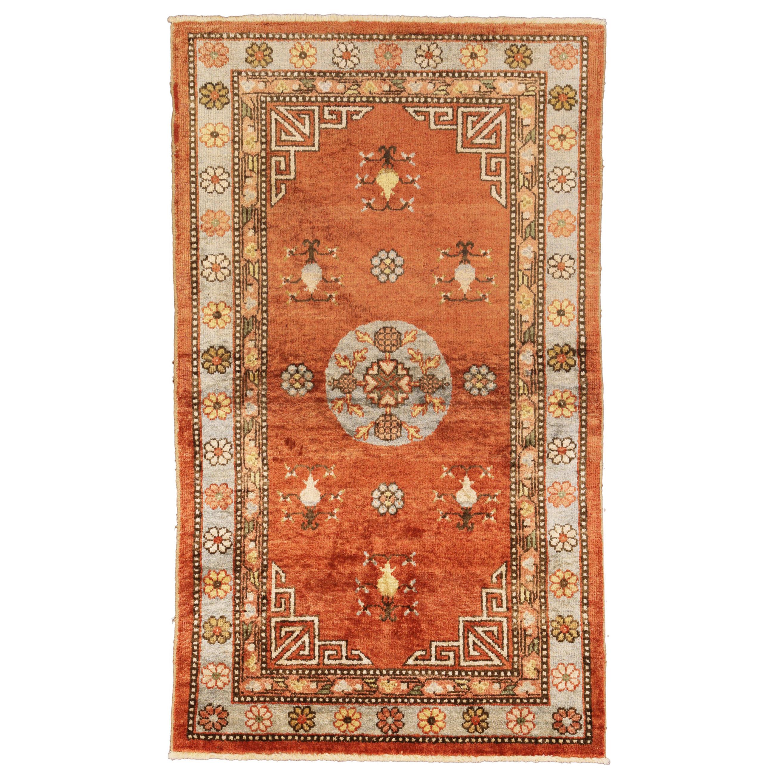 Khotan Rug Silk Rust Field, ca. 1920 For Sale