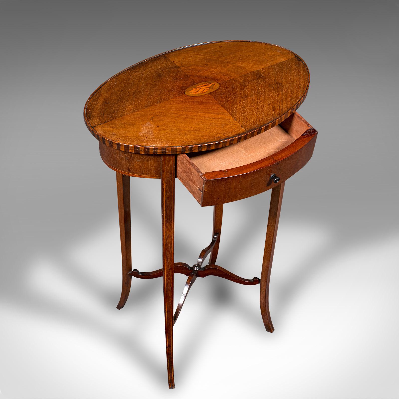 British Small Antique Lamp Table, English, Oval, Side, Regency Revival, Edwardian, 1910