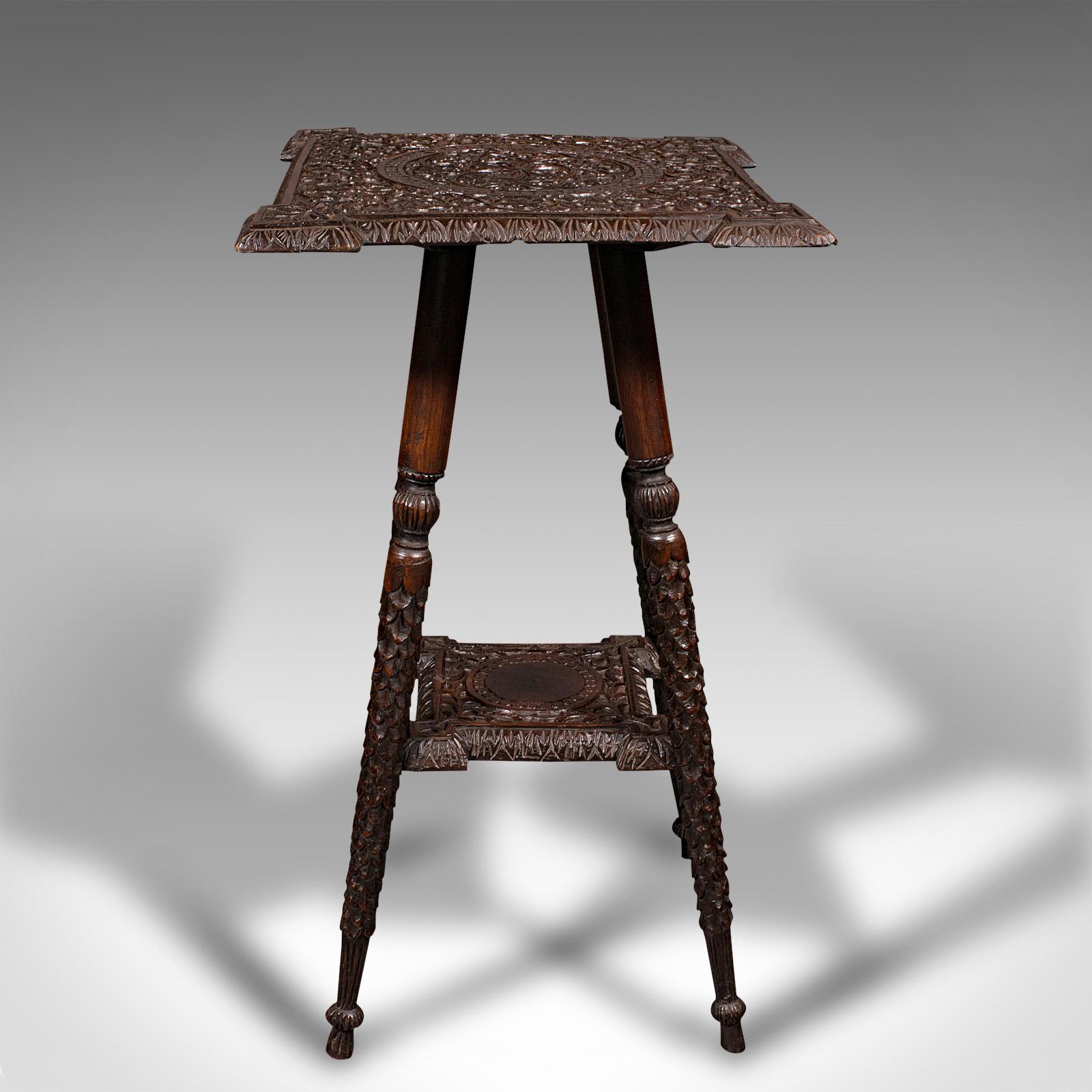 Small Antique Lamp Table, Indian, Carved Teak, Decorative, Occasional, Victorian In Good Condition In Hele, Devon, GB