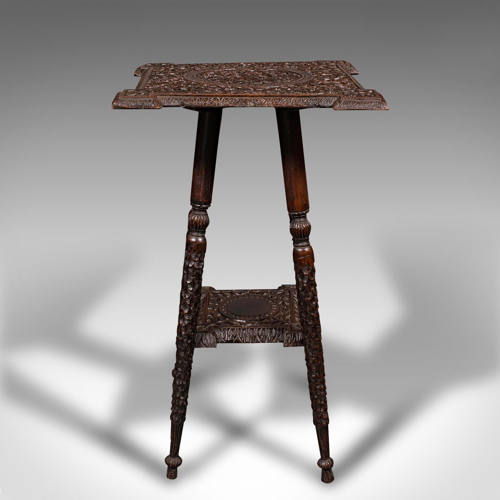 19th Century Small Antique Lamp Table, Indian, Carved Teak, Decorative, Occasional, Victorian