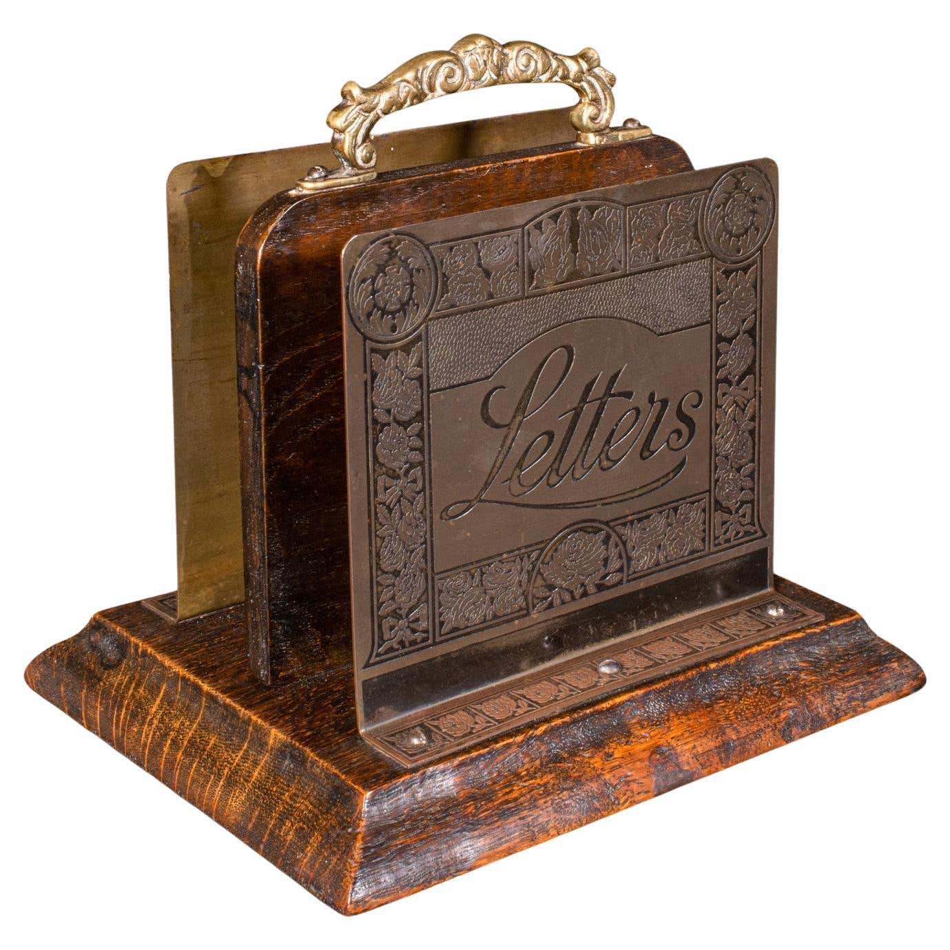 Small Antique Letter Rack, English Oak Desktop Tidy, Office Organiser ...