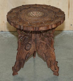SMALL ANTIQUE LIBERTY VICTORIAN CIR 1880 INLAID HAND CARVED FOLDiNG TABLE