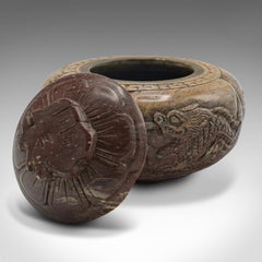 Small Antique Lidded Pot, Chinese, Carved, Soapstone, Snuff Jar, Victorian, 1900