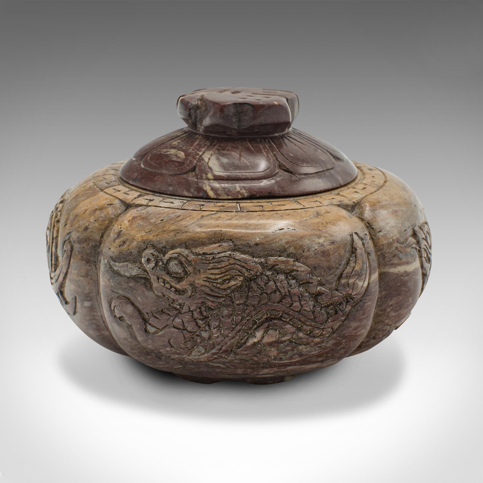 Late Victorian Small Antique Lidded Pot, Chinese, Carved, Soapstone, Snuff Jar, Victorian, 1900 For Sale