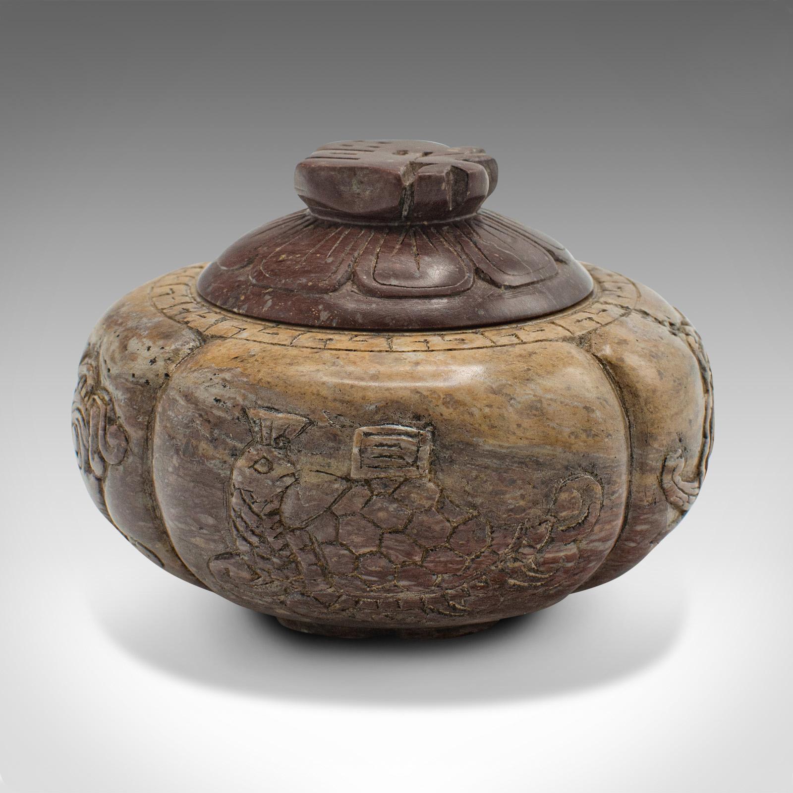 19th Century Small Antique Lidded Pot, Chinese, Carved, Soapstone, Snuff Jar, Victorian, 1900 For Sale