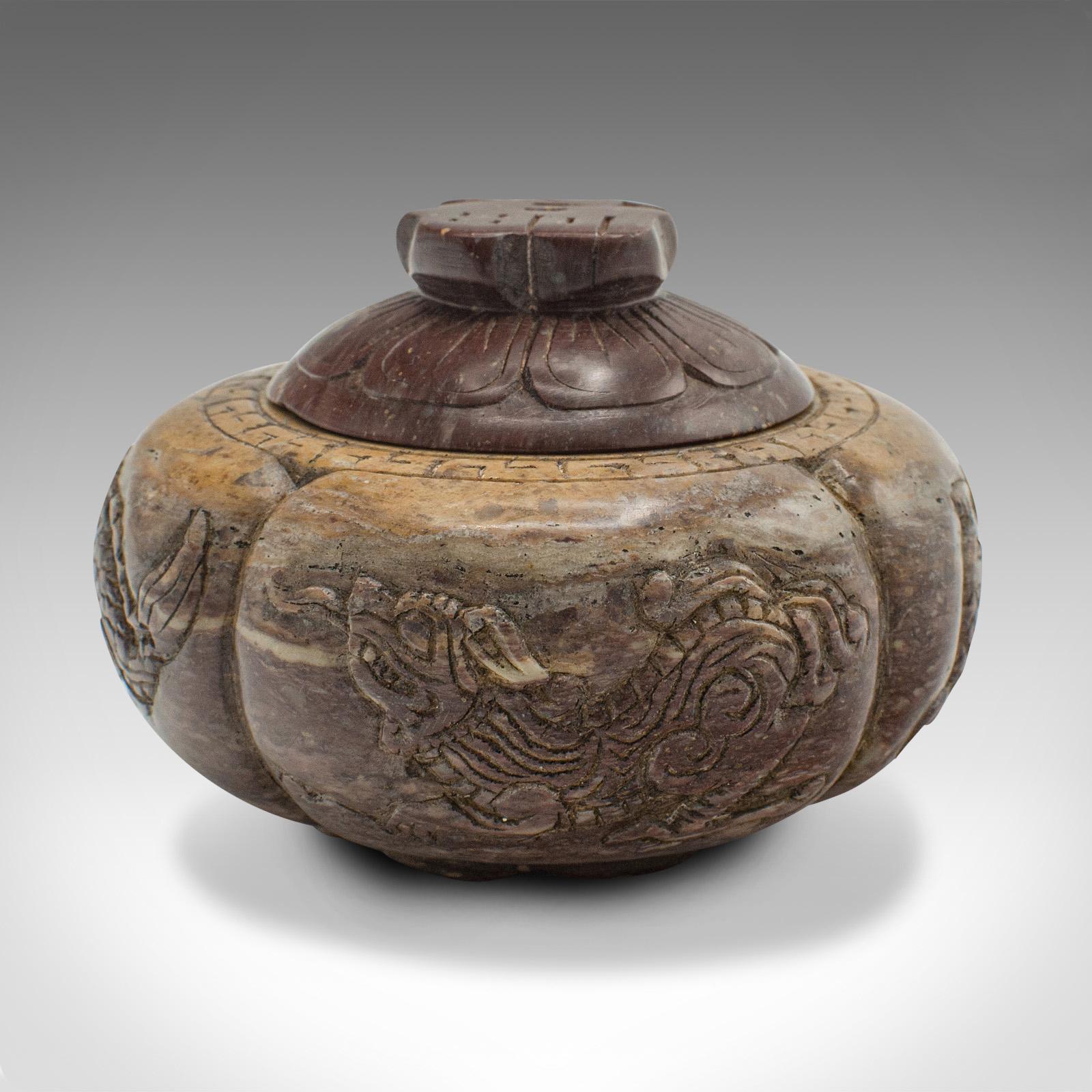 Small Antique Lidded Pot, Chinese, Carved, Soapstone, Snuff Jar, Victorian, 1900 For Sale 1