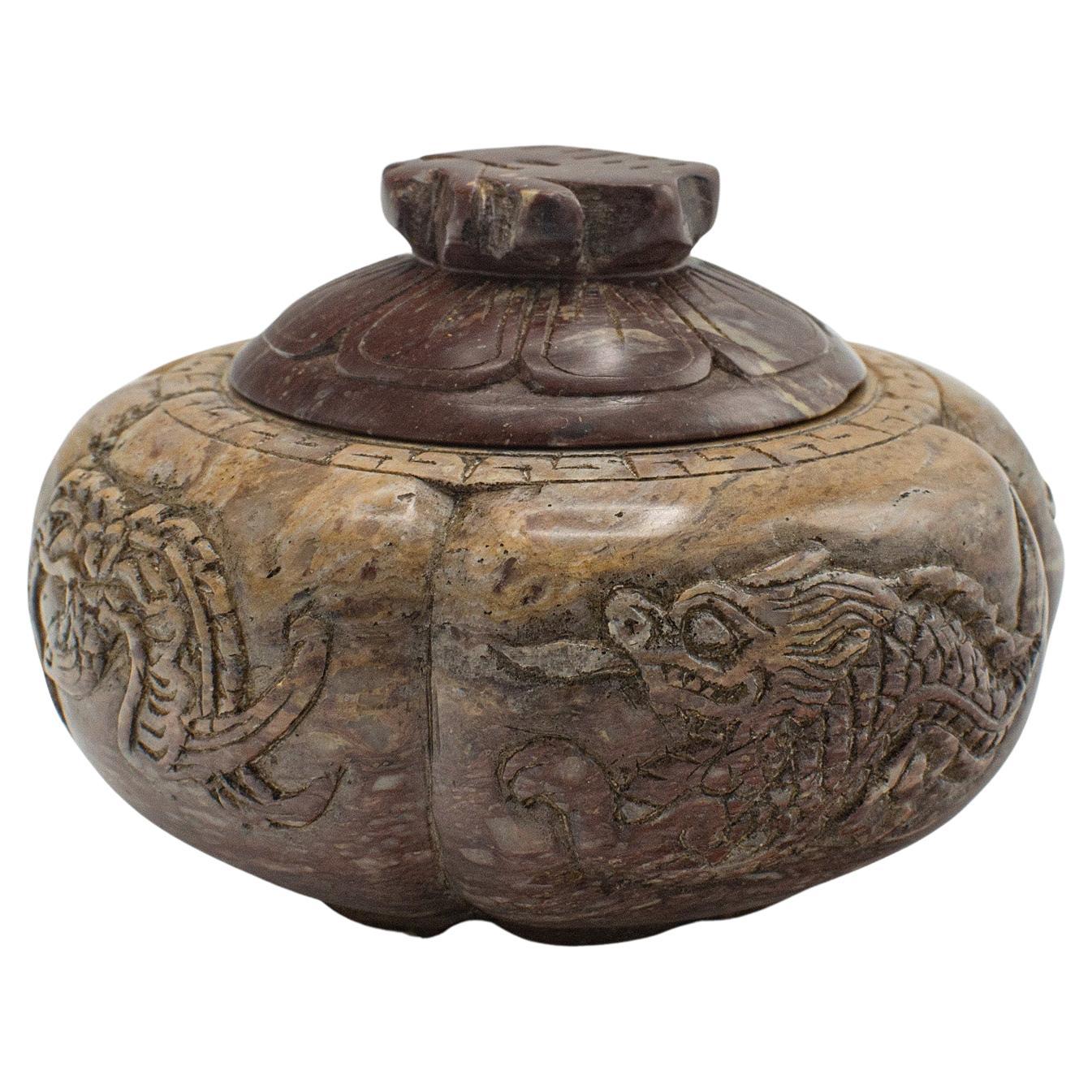 Small Antique Lidded Pot, Chinese, Carved, Soapstone, Snuff Jar, Victorian, 1900 For Sale