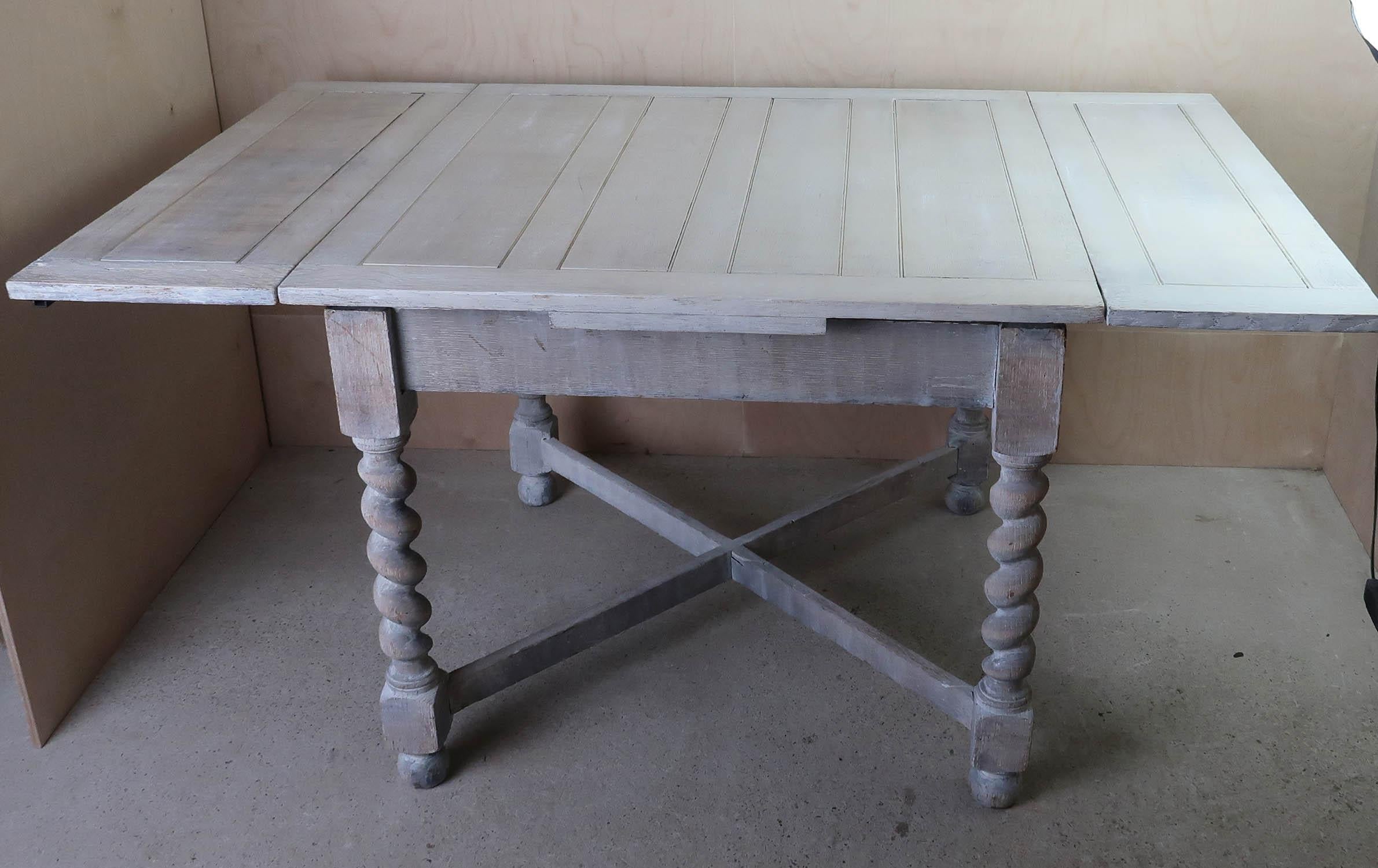 Small Antique Limed Oak Dining Table with Barley Twist Supports, English C.1920 In Good Condition For Sale In St Annes, Lancashire
