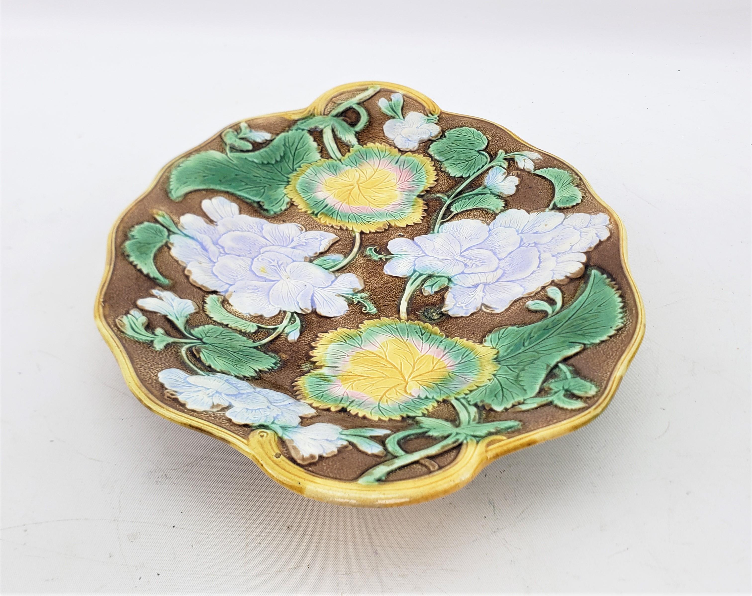 Small Antique Majolica Serving Dish or Platter with Leaf & Flower Decoration For Sale 1