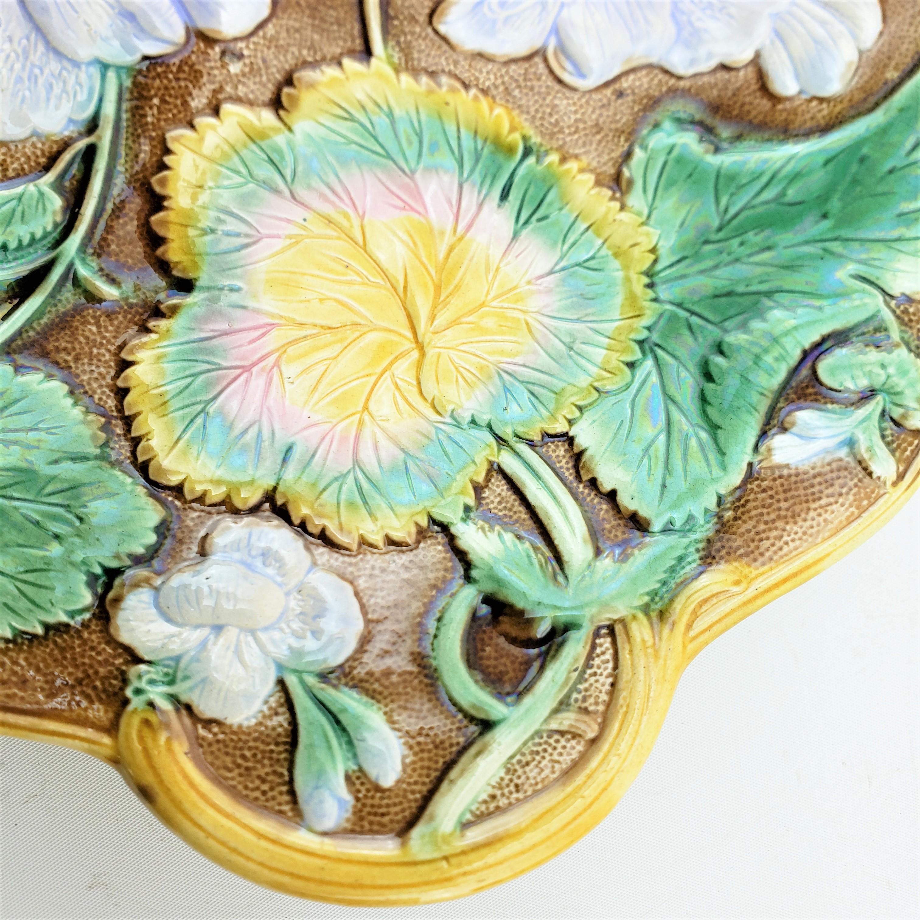 Small Antique Majolica Serving Dish or Platter with Leaf & Flower Decoration For Sale 5