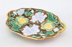 Small Antique Majolica Serving Dish or Platter with Leaf & Flower Decoration