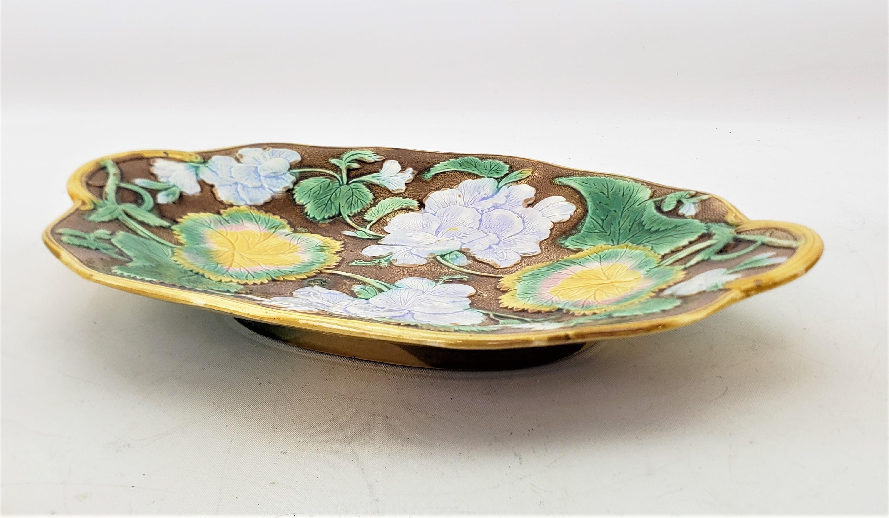 Victorian Small Antique Majolica Serving Dish or Platter with Leaf & Flower Decoration For Sale
