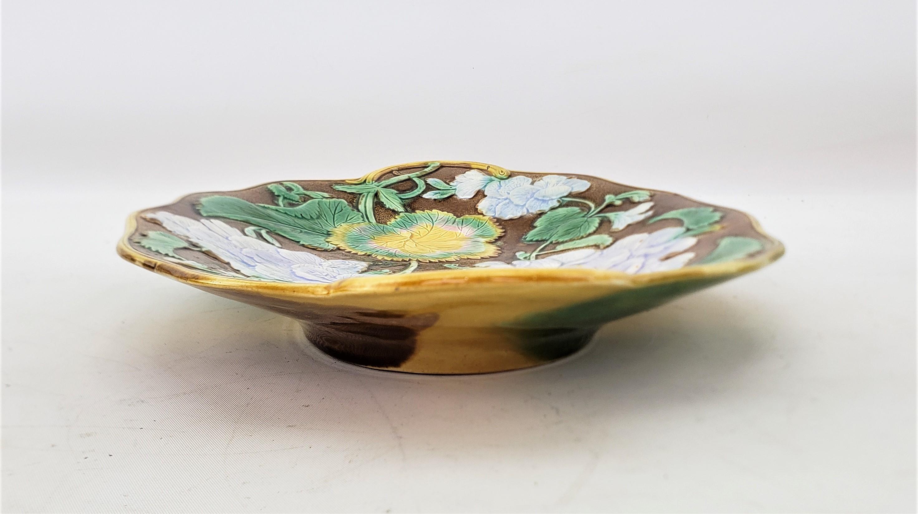 English Small Antique Majolica Serving Dish or Platter with Leaf & Flower Decoration For Sale