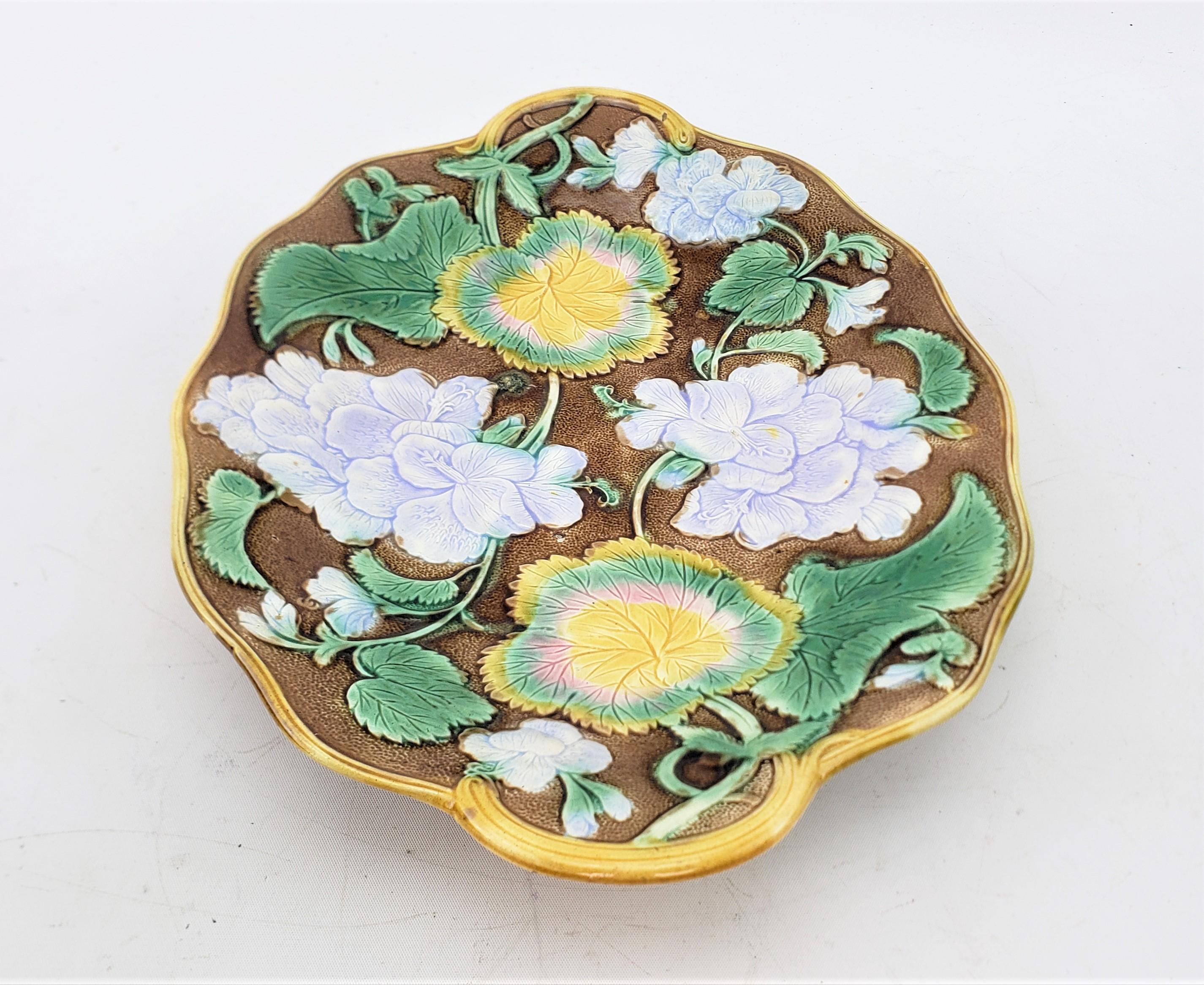 Hand-Painted Small Antique Majolica Serving Dish or Platter with Leaf & Flower Decoration For Sale
