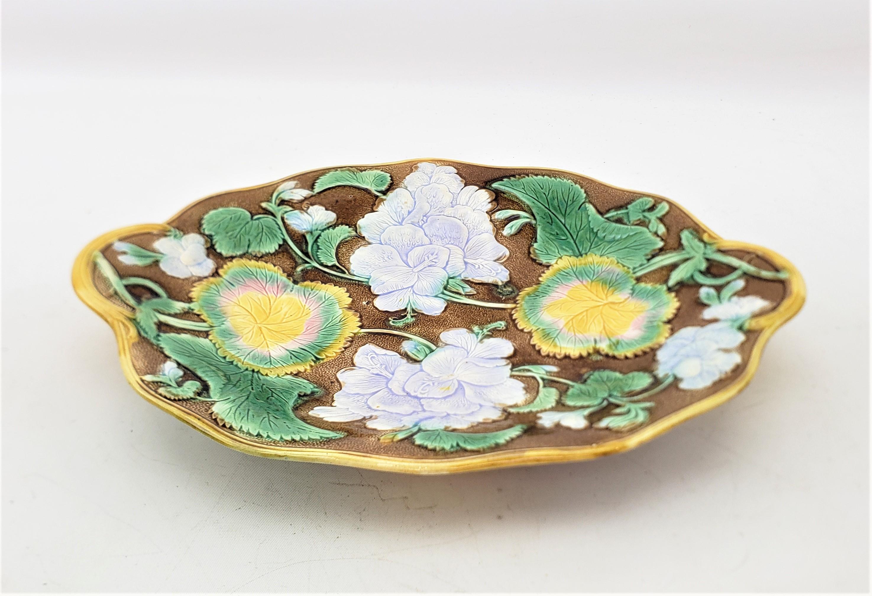 19th Century Small Antique Majolica Serving Dish or Platter with Leaf & Flower Decoration For Sale
