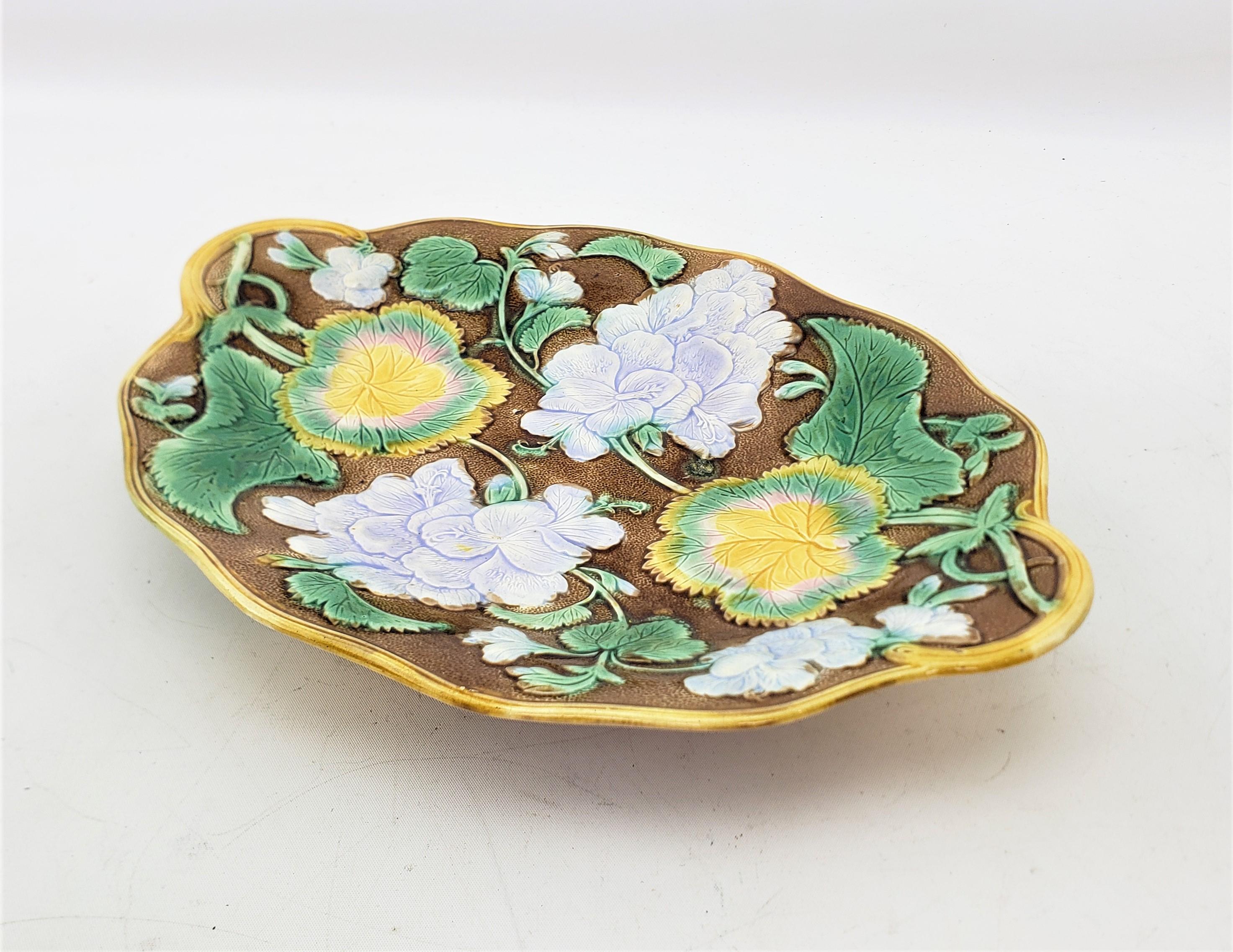 Ceramic Small Antique Majolica Serving Dish or Platter with Leaf & Flower Decoration For Sale