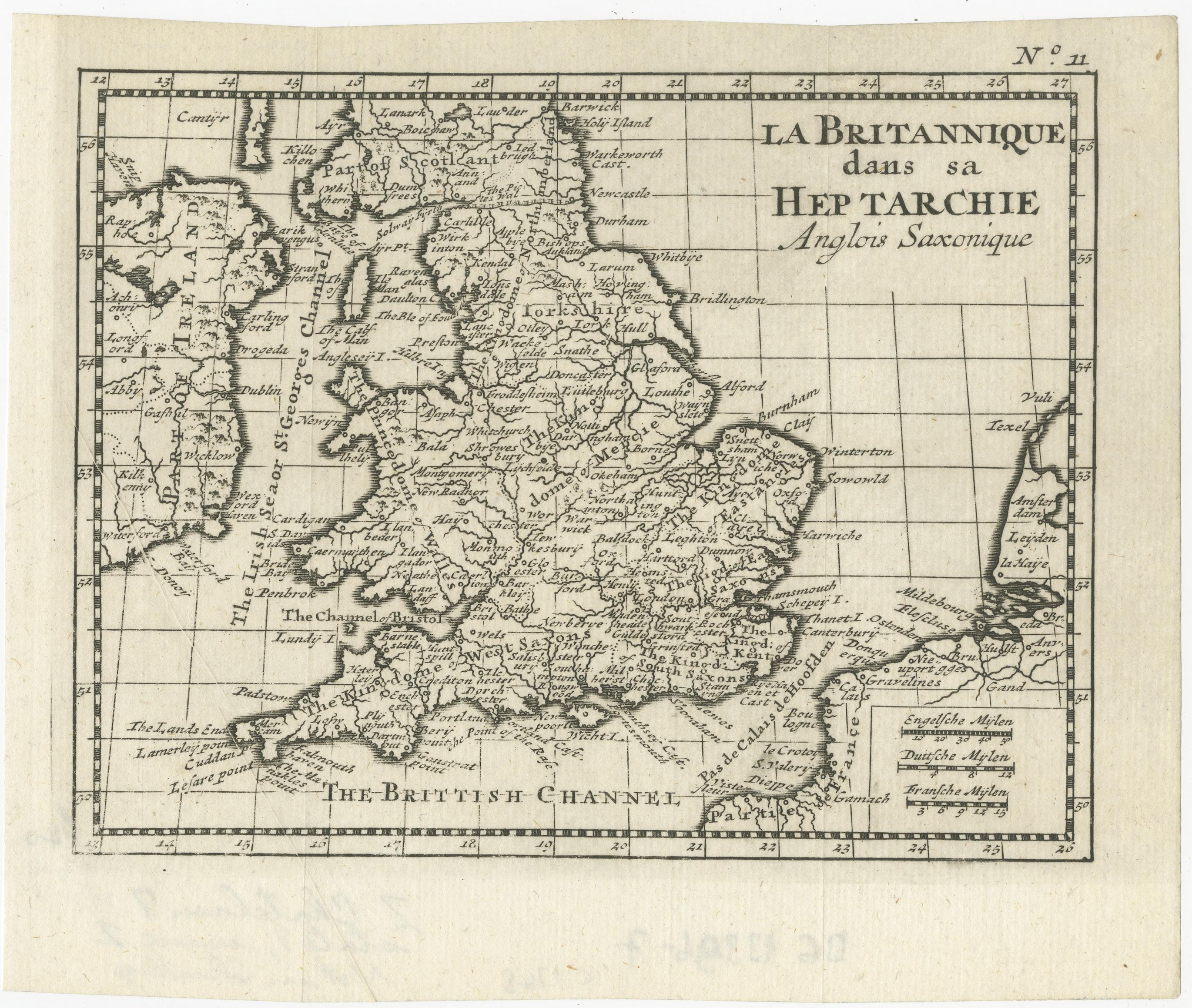 Antike Karte mit dem Titel 'La Britannique dans sa Heptarchie Anglois Saxonique'. Diese kleine Karte zeigt England und Wales zur Zeit der Heptarchie, ein Begriff, der sich auf die sieben Königreiche bezieht, die nach dem Abzug der Römer von 500-850