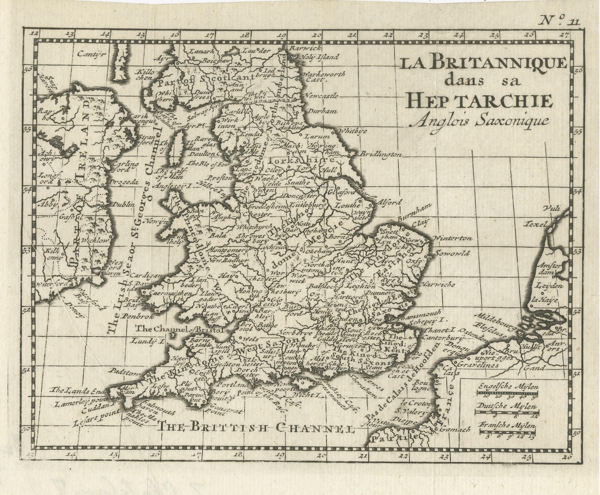 Petite carte ancienne d'Angleterre et de Galles telle qu'elle l'était pendant la Heptarchy Bon état - En vente à Langweer, NL