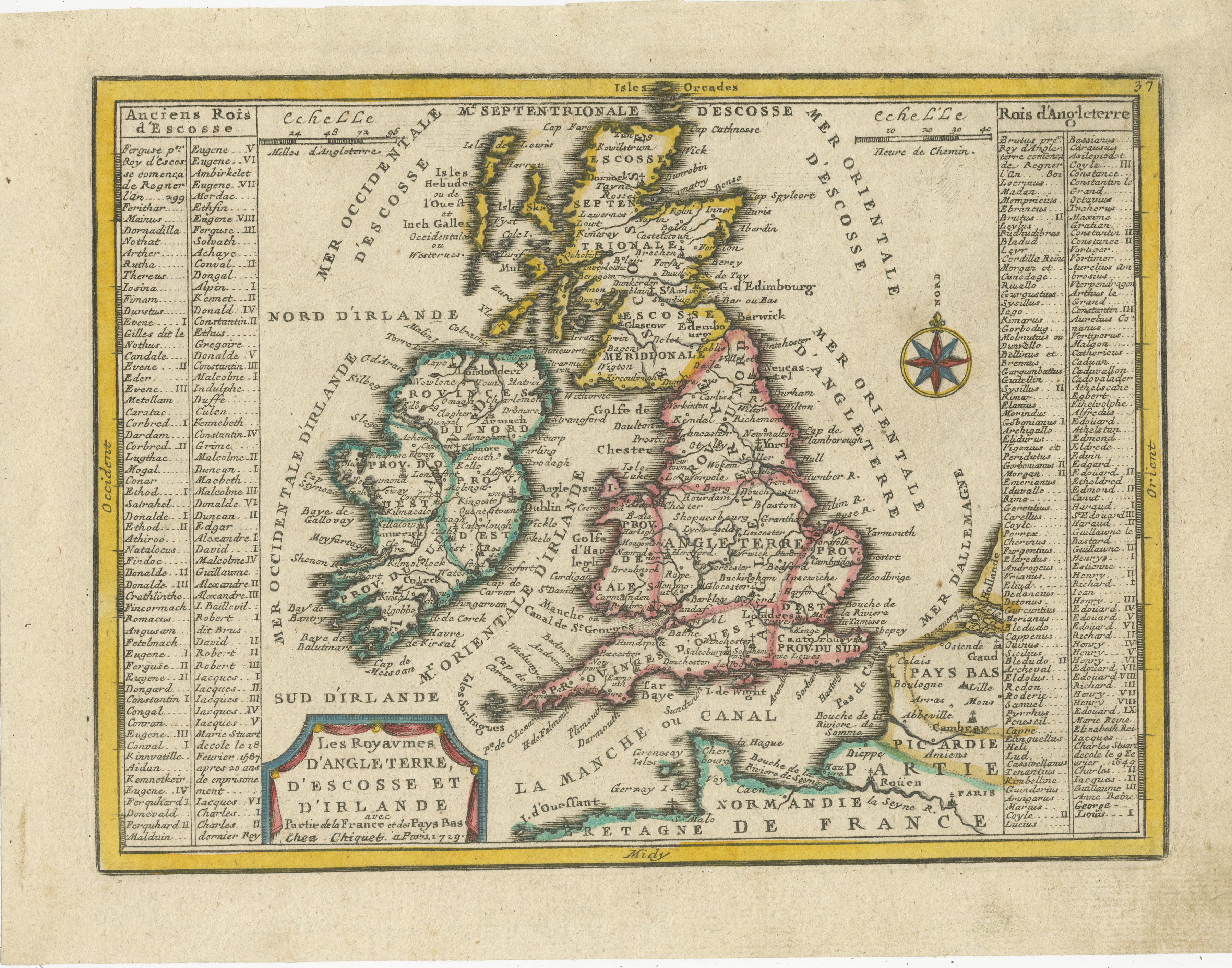 Carte ancienne intitulée 'Les Royaumes d'Angleterre d'Escosse et d'Irlande (...)'. Une jolie petite carte de l'Angleterre, du Pays de Galles, de l'Ecosse et de l'Irlande avec une partie du littoral de la France et des Pays-Bas. La carte est assez