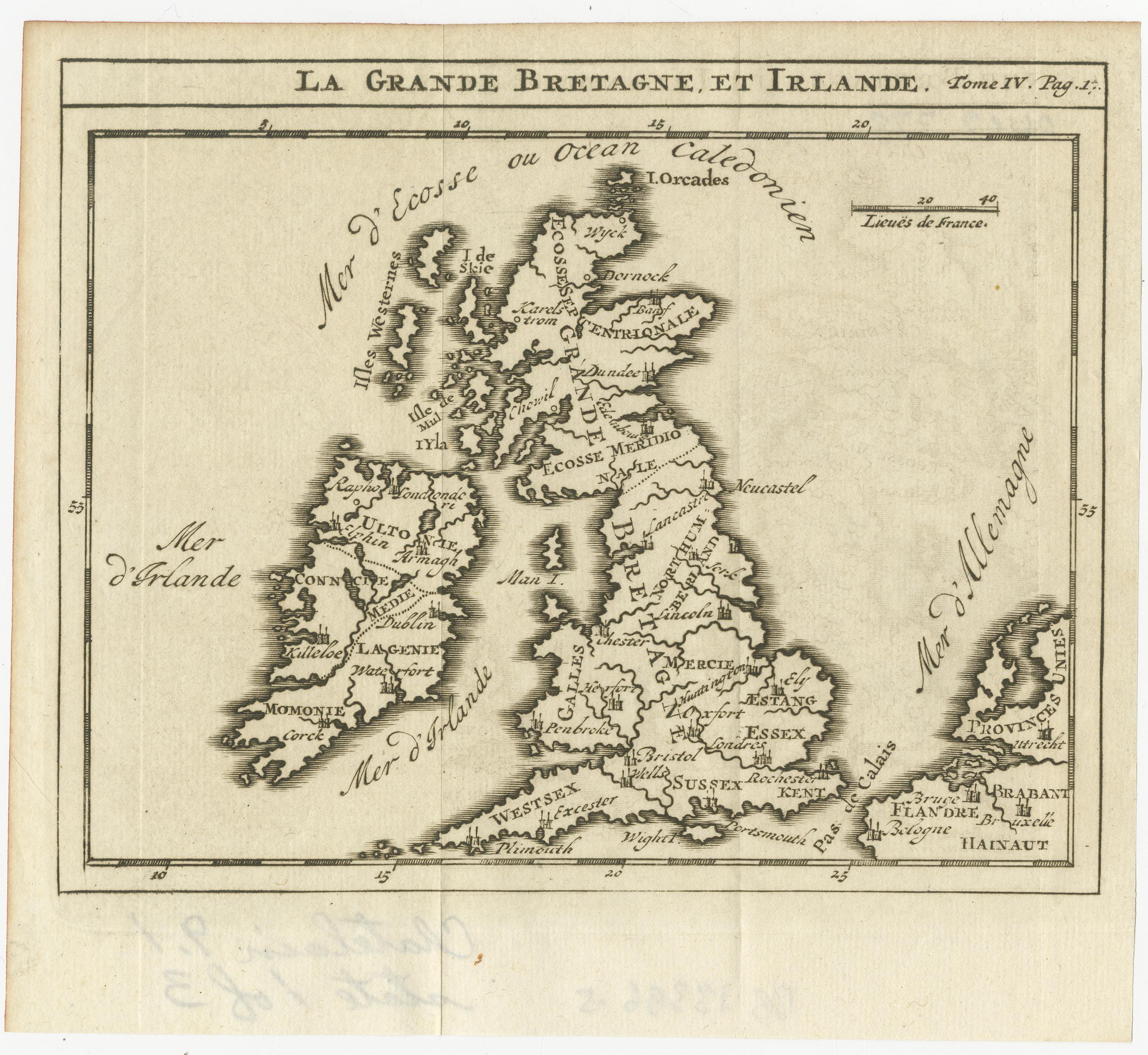 Antique map titled 'La Grande Bretagne et Irlande'. Small antique map of Great Britain and Ireland. Source unknown, to be determined. Published circa 1740.