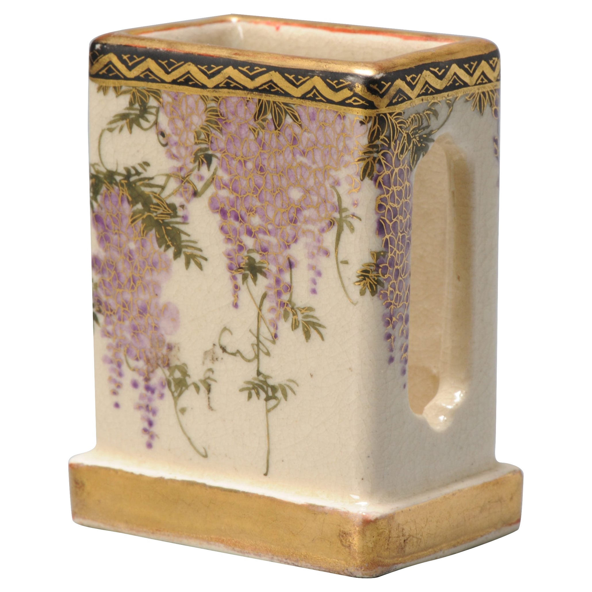Small Antique Meiji Period Japanese Wisteria Satsuma Matchbox Holder Yasuda