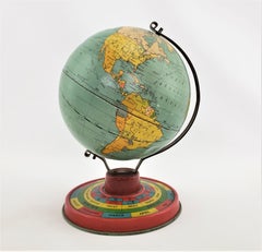 Small Antique Metal Desk or Table Sized World Globe with Lithographed Base