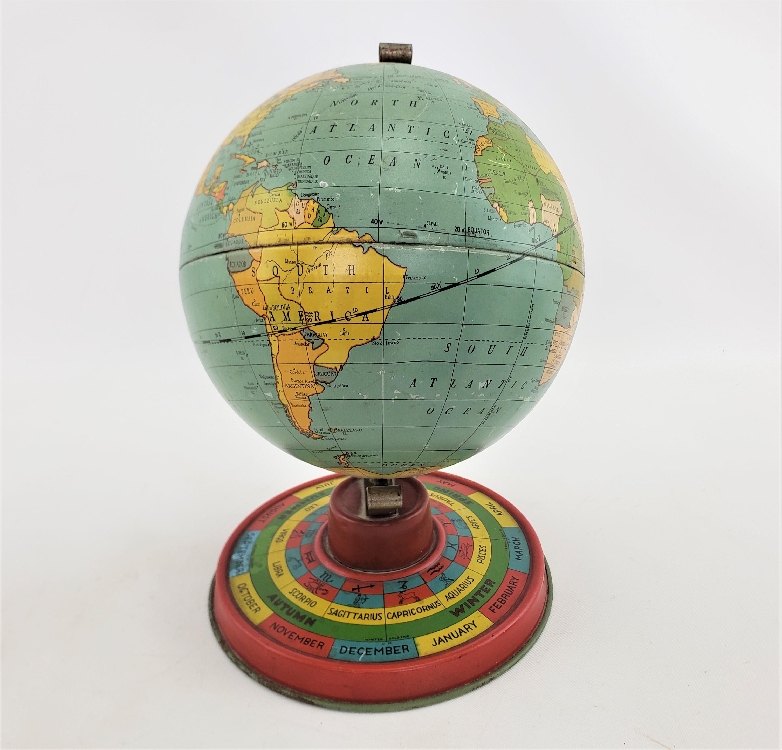 Art Deco Small Antique Metal Desk or Table Sized World Globe with Lithographed Base