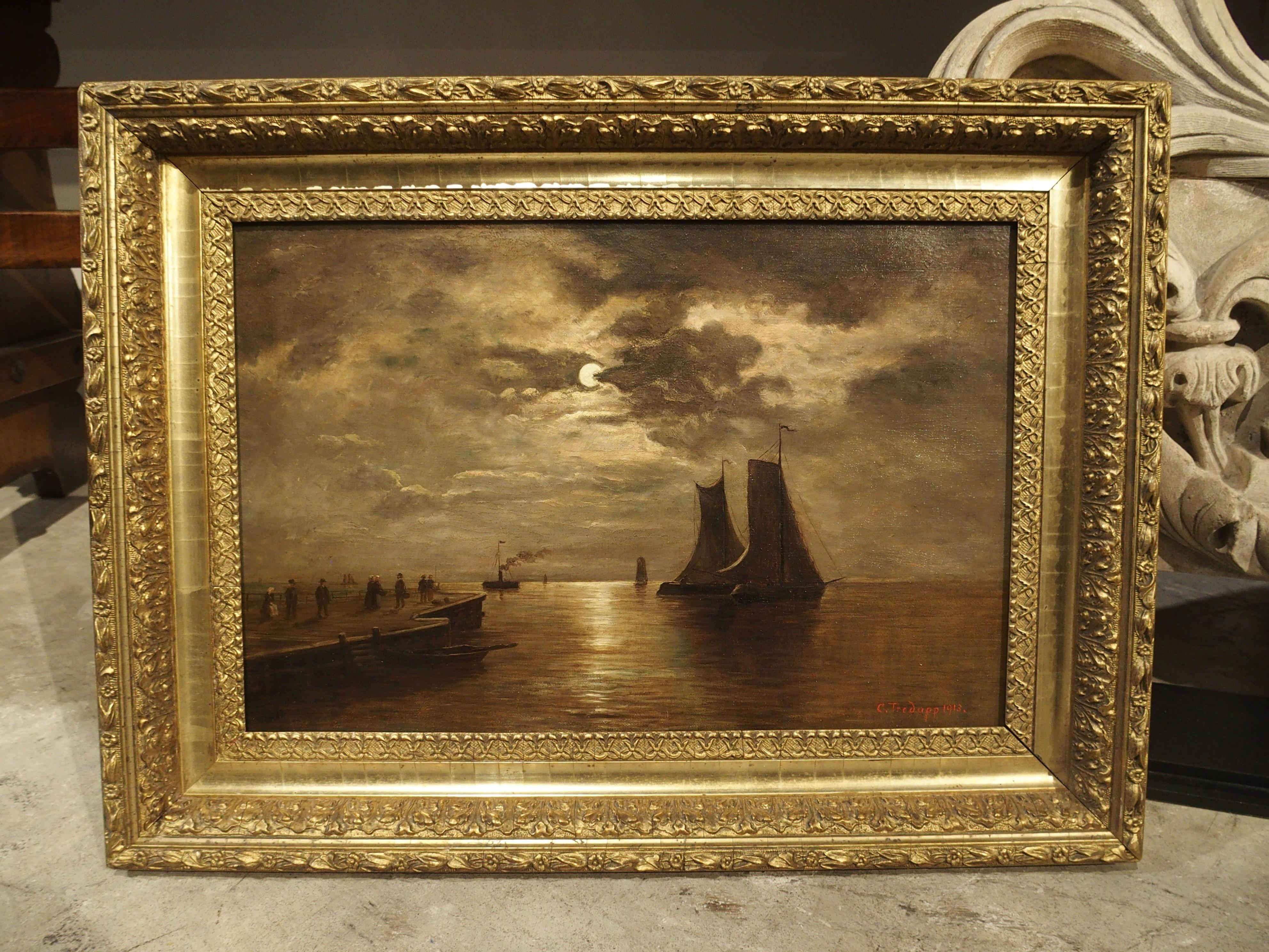 American Small Antique Moonlight Marine Painting, Oil on Canvas, 1913
