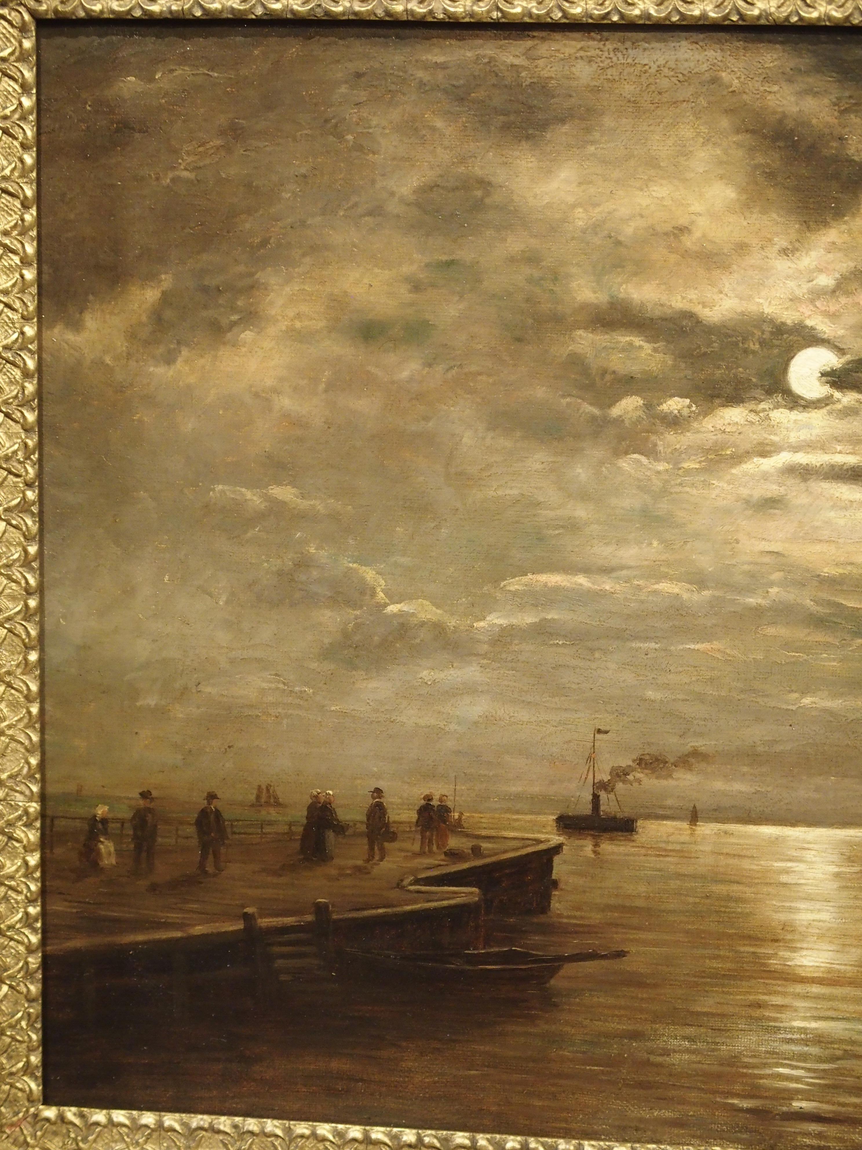 Gilt Small Antique Moonlight Marine Painting, Oil on Canvas, 1913