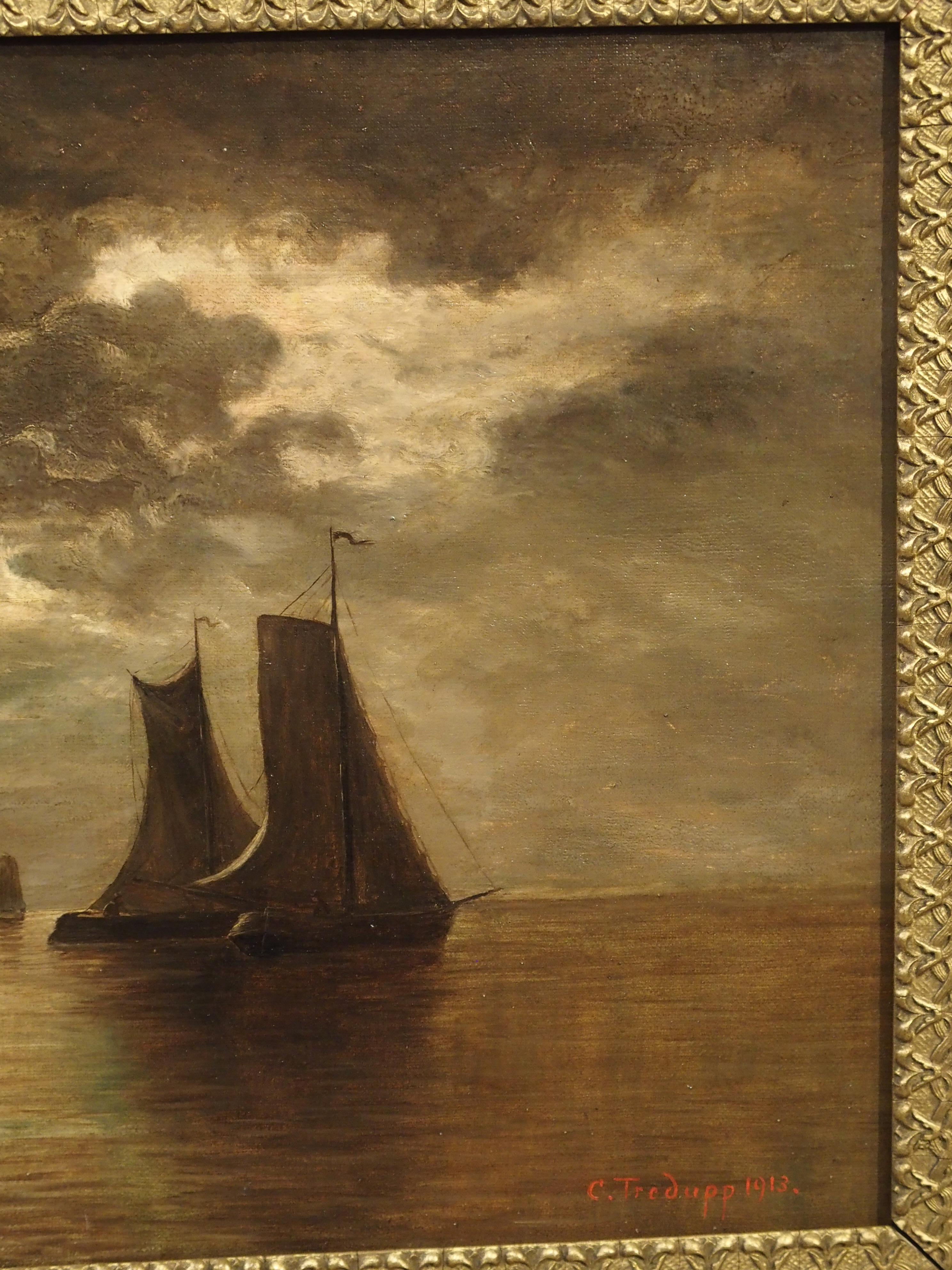 Small Antique Moonlight Marine Painting, Oil on Canvas, 1913 In Good Condition In Dallas, TX