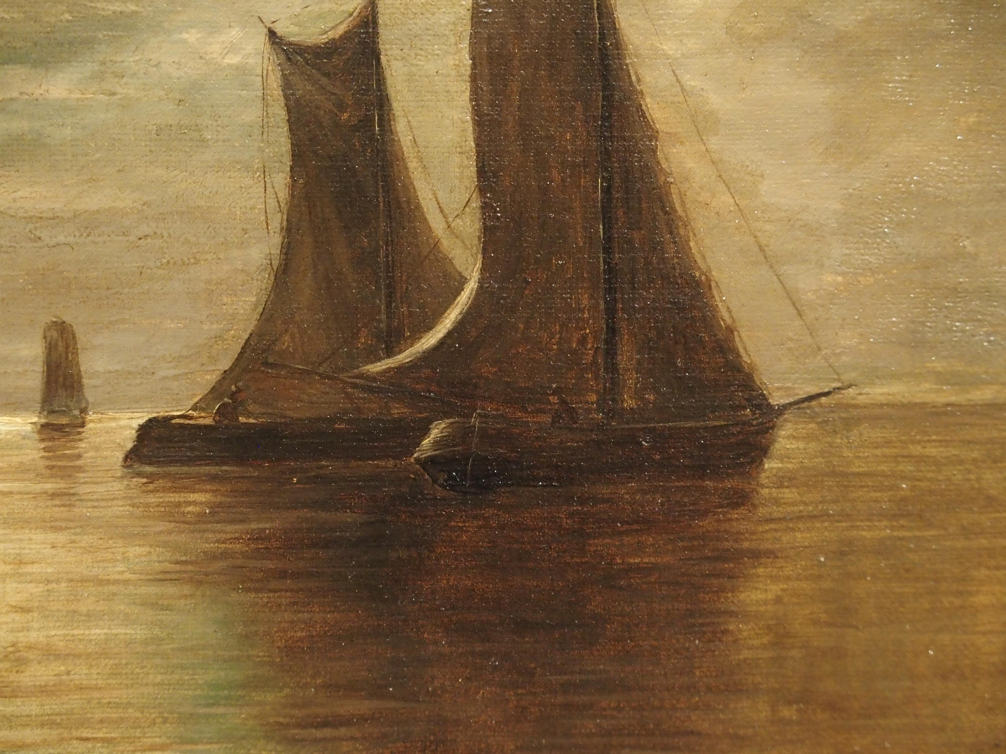 Small Antique Moonlight Marine Painting, Oil on Canvas, 1913 1