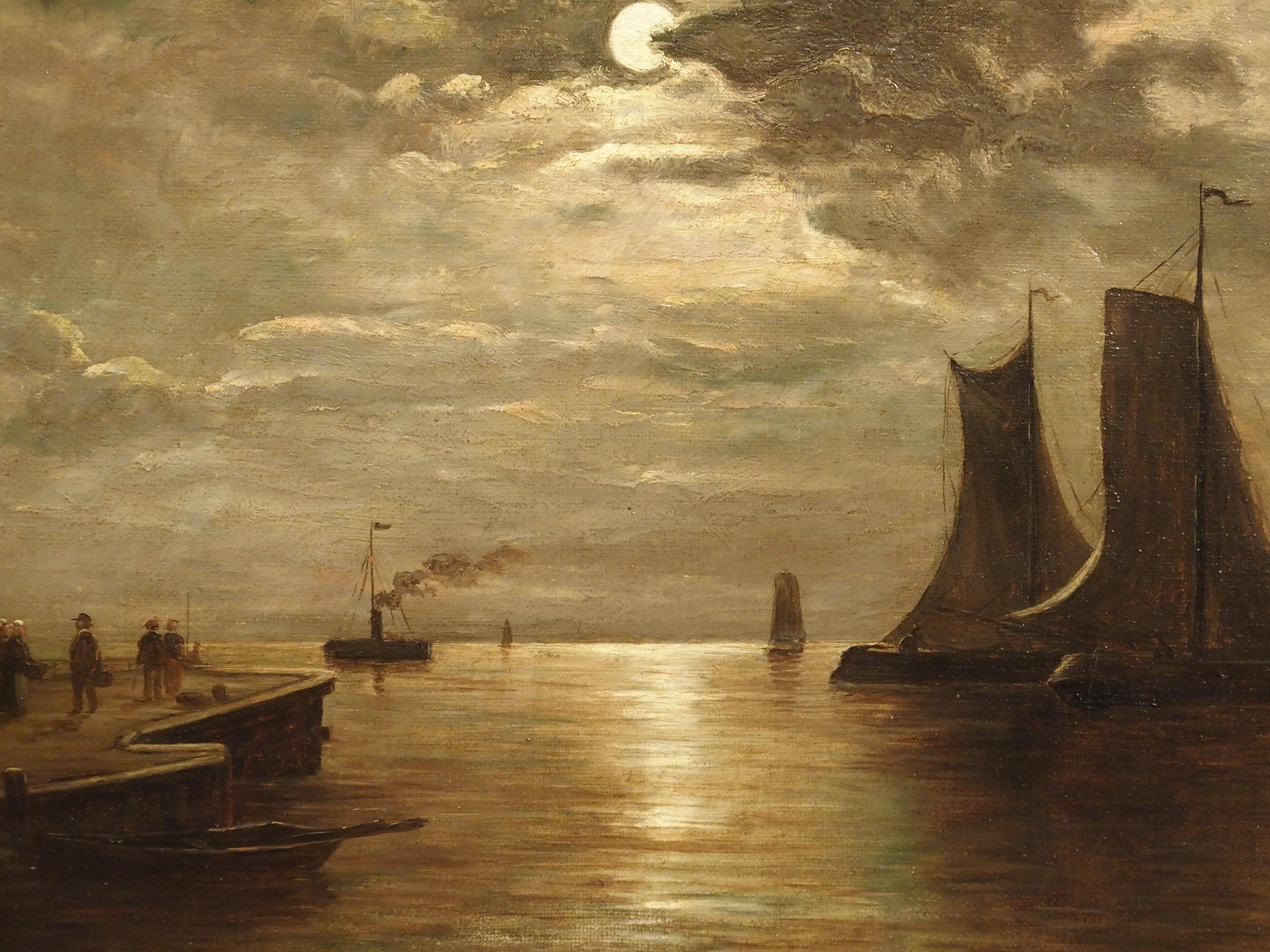 Small Antique Moonlight Marine Painting, Oil on Canvas, 1913 2