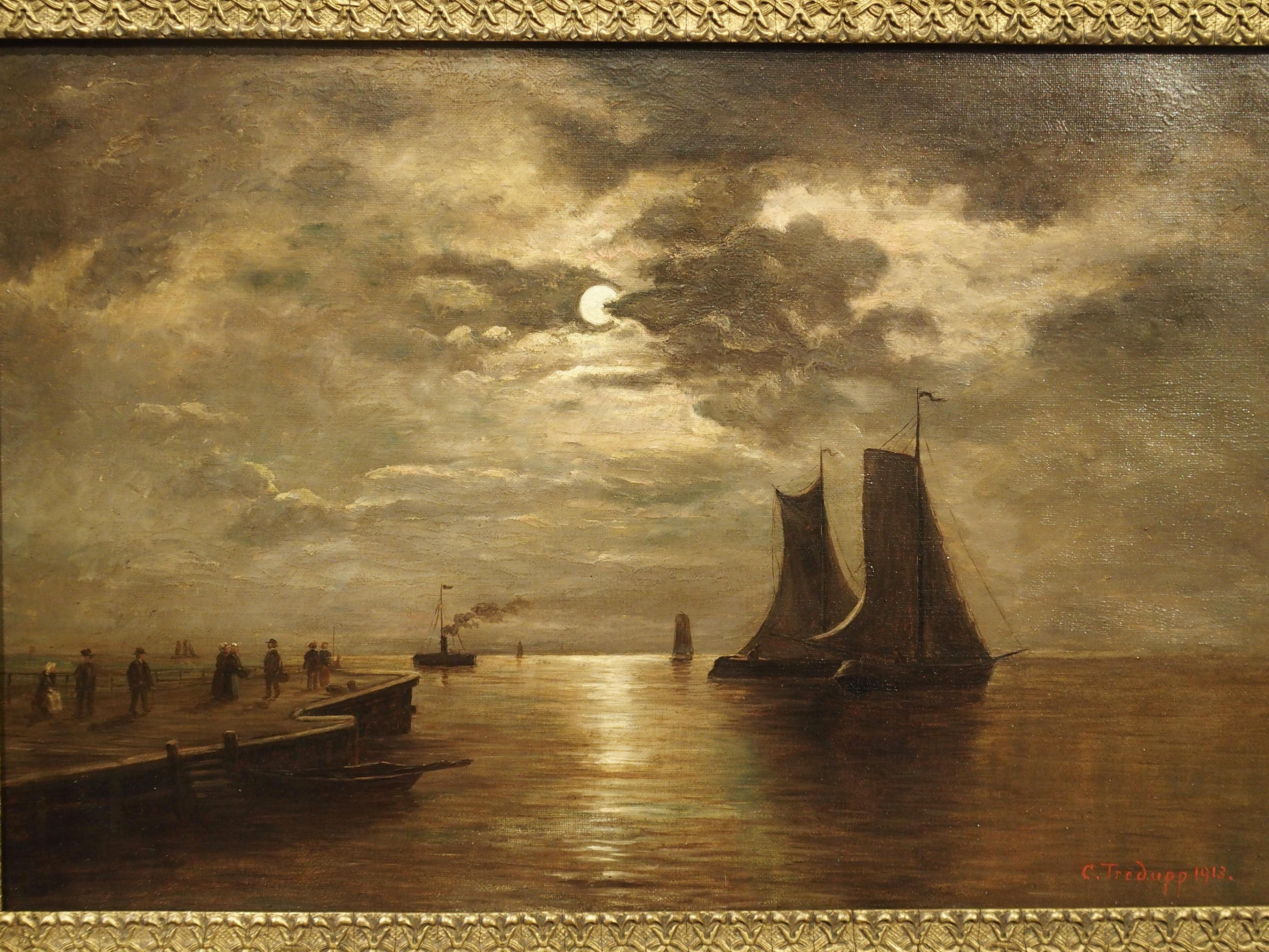 Small Antique Moonlight Marine Painting, Oil on Canvas, 1913 3