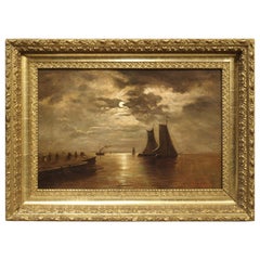 Small Antique Moonlight Marine Painting, Oil on Canvas, 1913