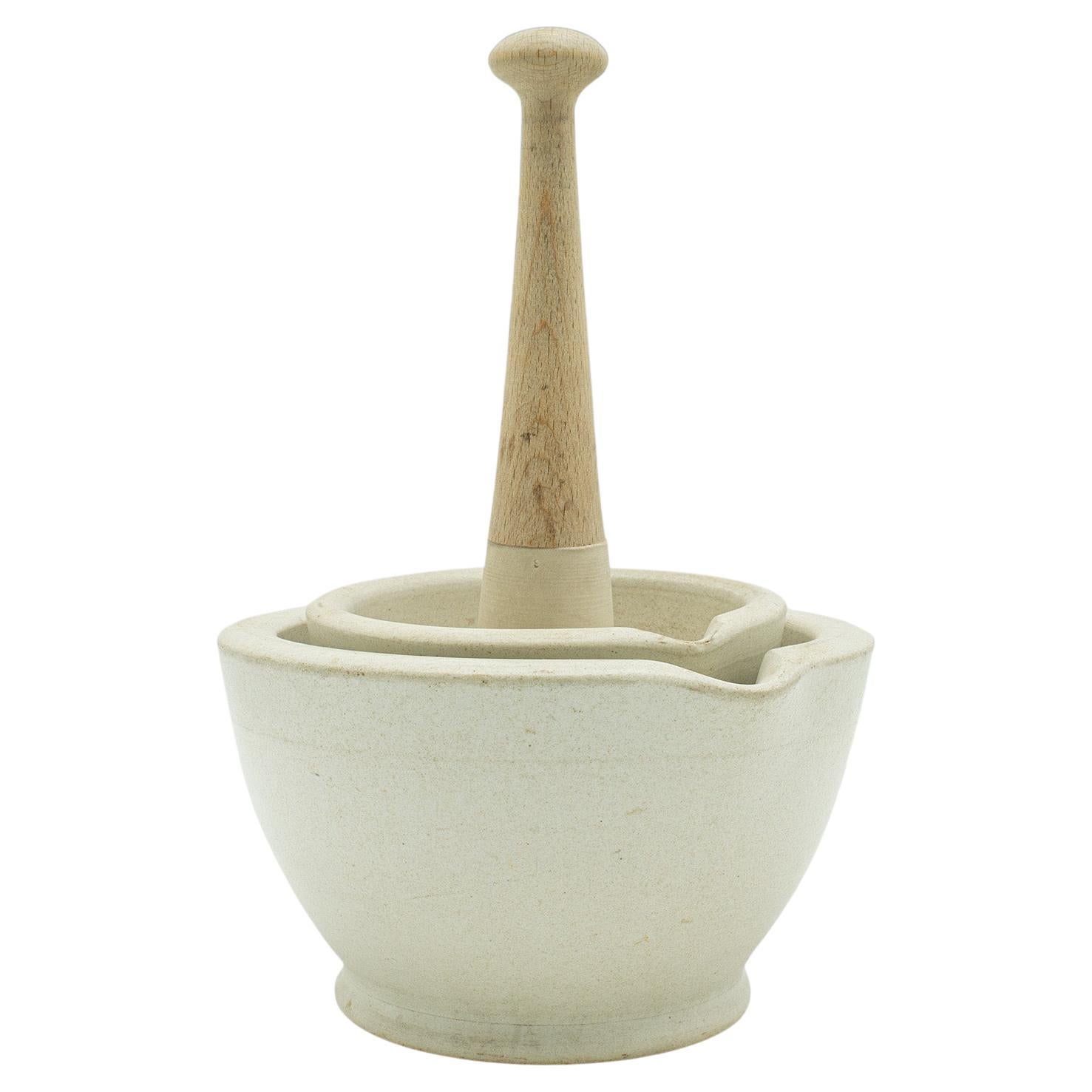 Small Antique Mortar & Pestle Duo, English, Ceramic, Beech, Cookery, Victorian For Sale